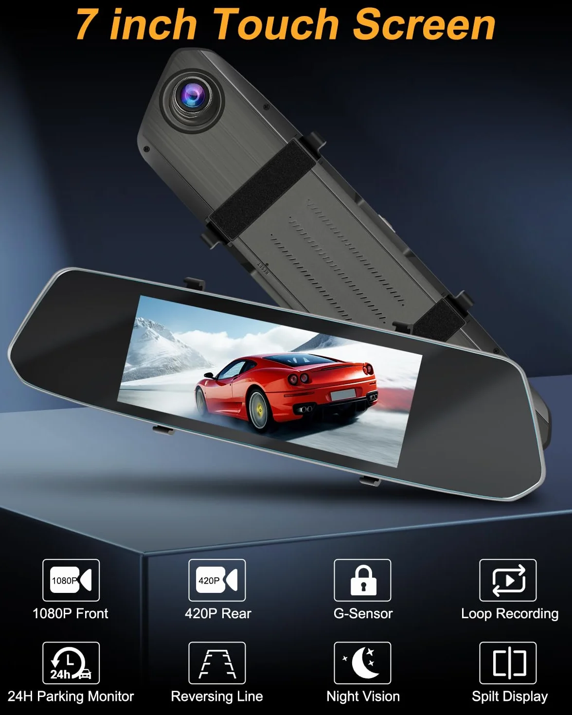 NHOPEEW Dash Cam a specchio da 7 pollici con doppia telecamera anteriore e posteriore - Sensore di gravità/registrazione in loop/rilevamento del movimento/monitor di parcheggio + scheda SD da 64G