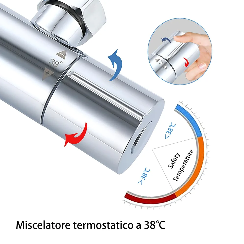OCEAN ITALY Colonna Doccia con Rubinetto Termostatico, Miscelatore Doccia Soffione Doccia Quadrato in Acciaio Inox 20x20cm, Doccetta Tonda da 108mm, Altezza Regolabile 735-1170mm Cromo
