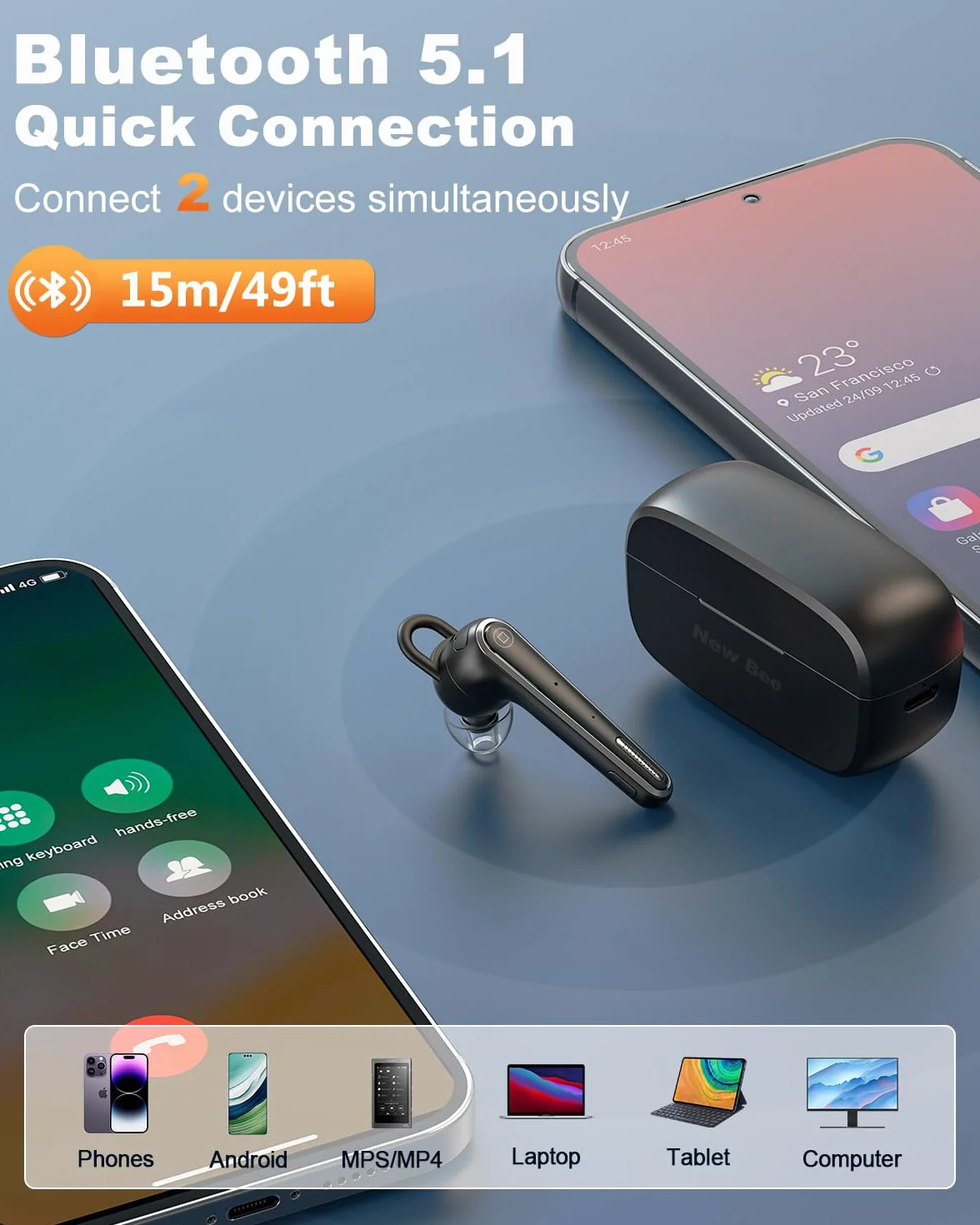 New Bee Auricolare Bluetooth Vivavoce V5.1 con 50 ore di conversazione, auricolare vivavoce ultraleggero con cancellazione ENC a doppio microfono, connessione a doppio dispositivo per la guida/lavoro