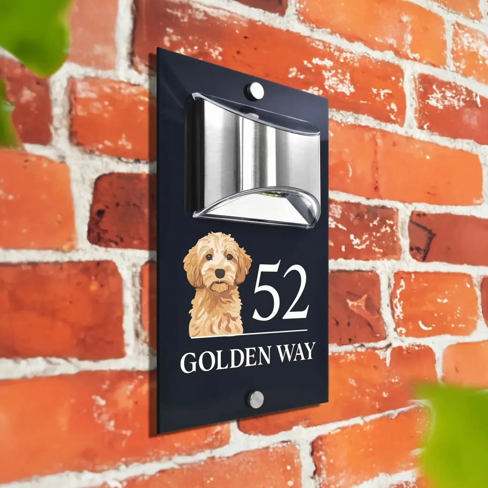 Numero civico, cartello con numero civico personalizzato con illuminazione solare, moderno, color antracite, design con cane e bulldog (stile 6,6 x 25,4 cm)