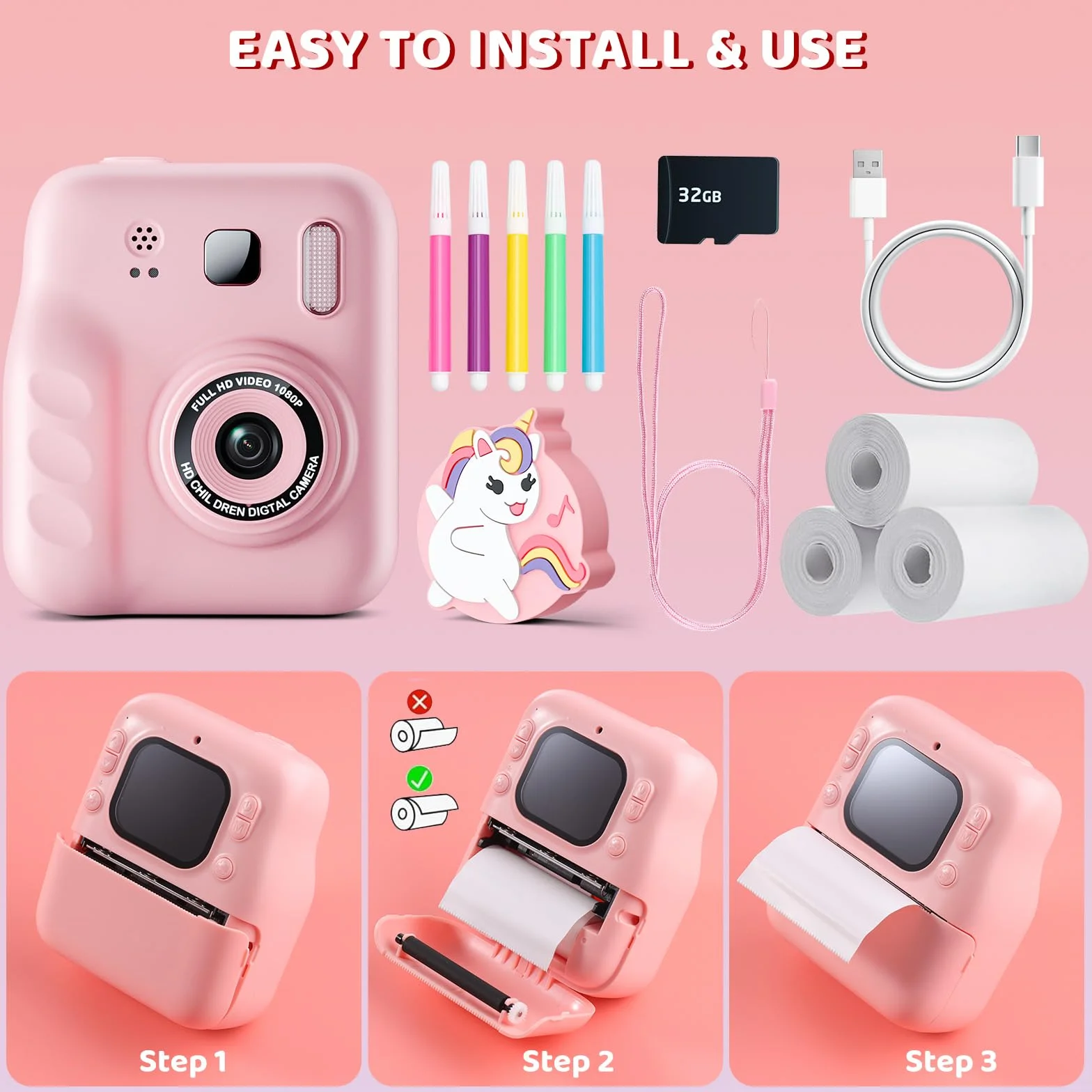 Macchina Fotografica Bambini Istantanea, 1080P Fotocamera Digitale Bambini con 32GB & Papier Photo, Regalo di Natale per Bambino e Bambina dai 3-12 Anni