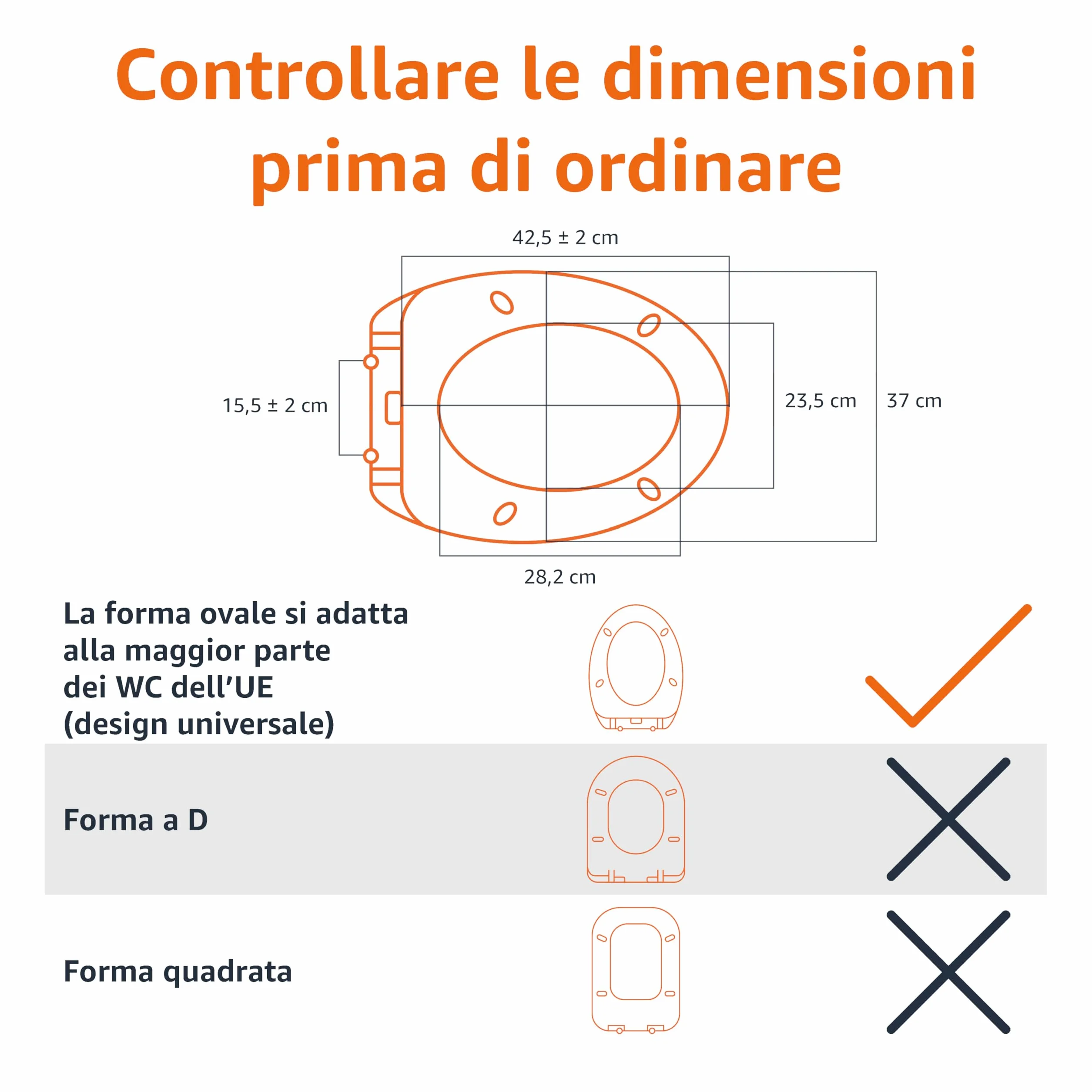 Amazon Basics Ovale Sedile WC in urea, resistente, con chiusura ammortizzata e sgancio rapido, dimensioni universali, 37 x 42.5 cm, Bianco