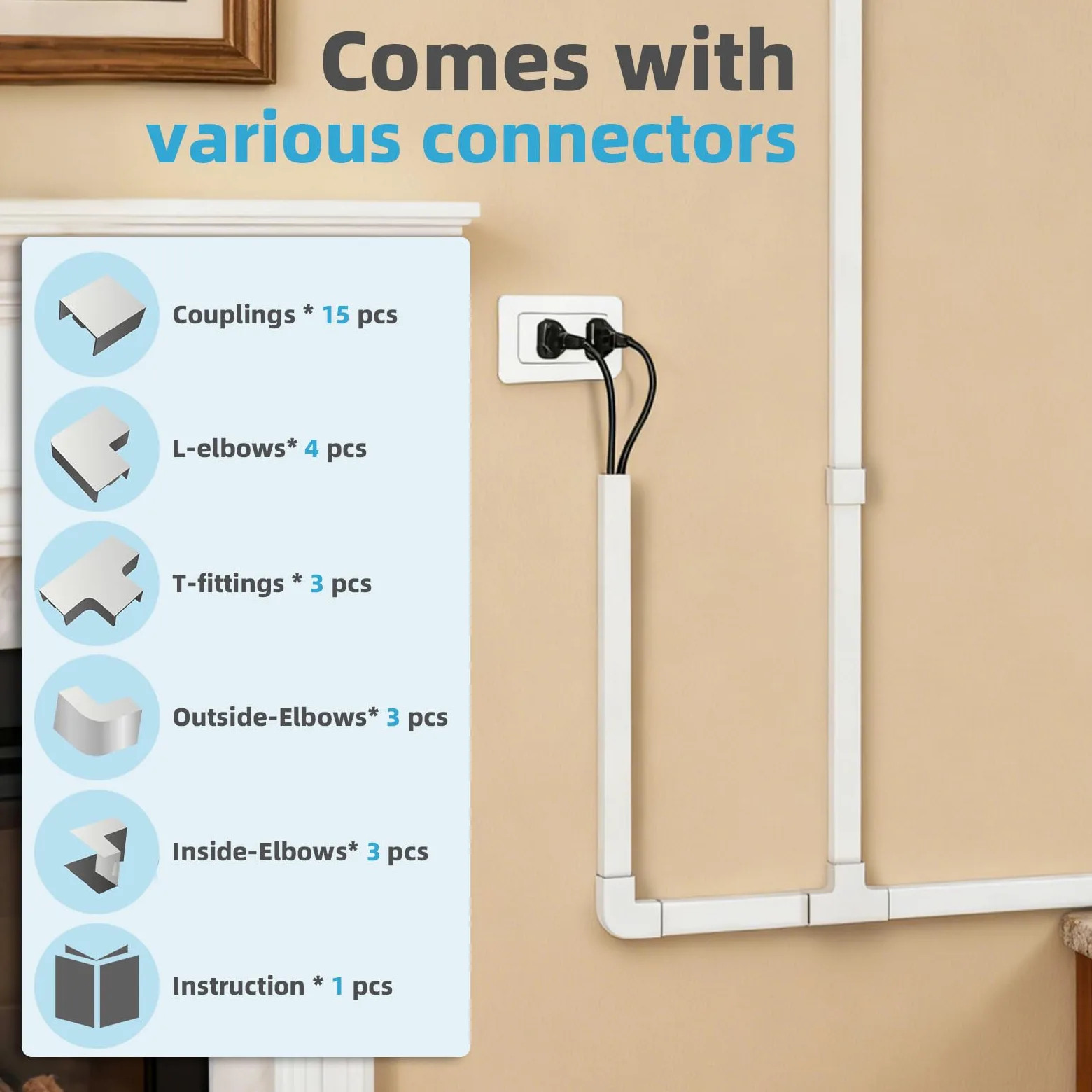 Art3d Kit canalina per cavi, 9,14 metri, copricavi per parete, canalina autoadesiva per cavi, kit di gestione dei cavi per casa e ufficio, 24 x 380 mm, 24 x 24 x 14 mm, bianco