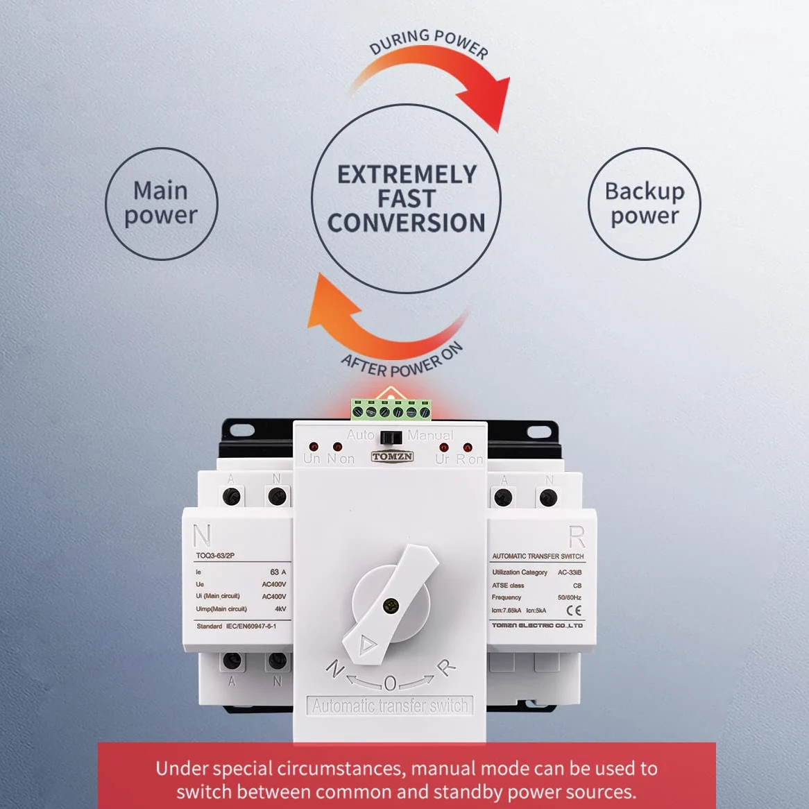 Interruttore Magnetotermico Differenziale 2 Ingresso 1 Outpout 2P 63A 230V 50/60 Hz. MCB. Tipo Dual Power Switch di trasferimento automatico ATS