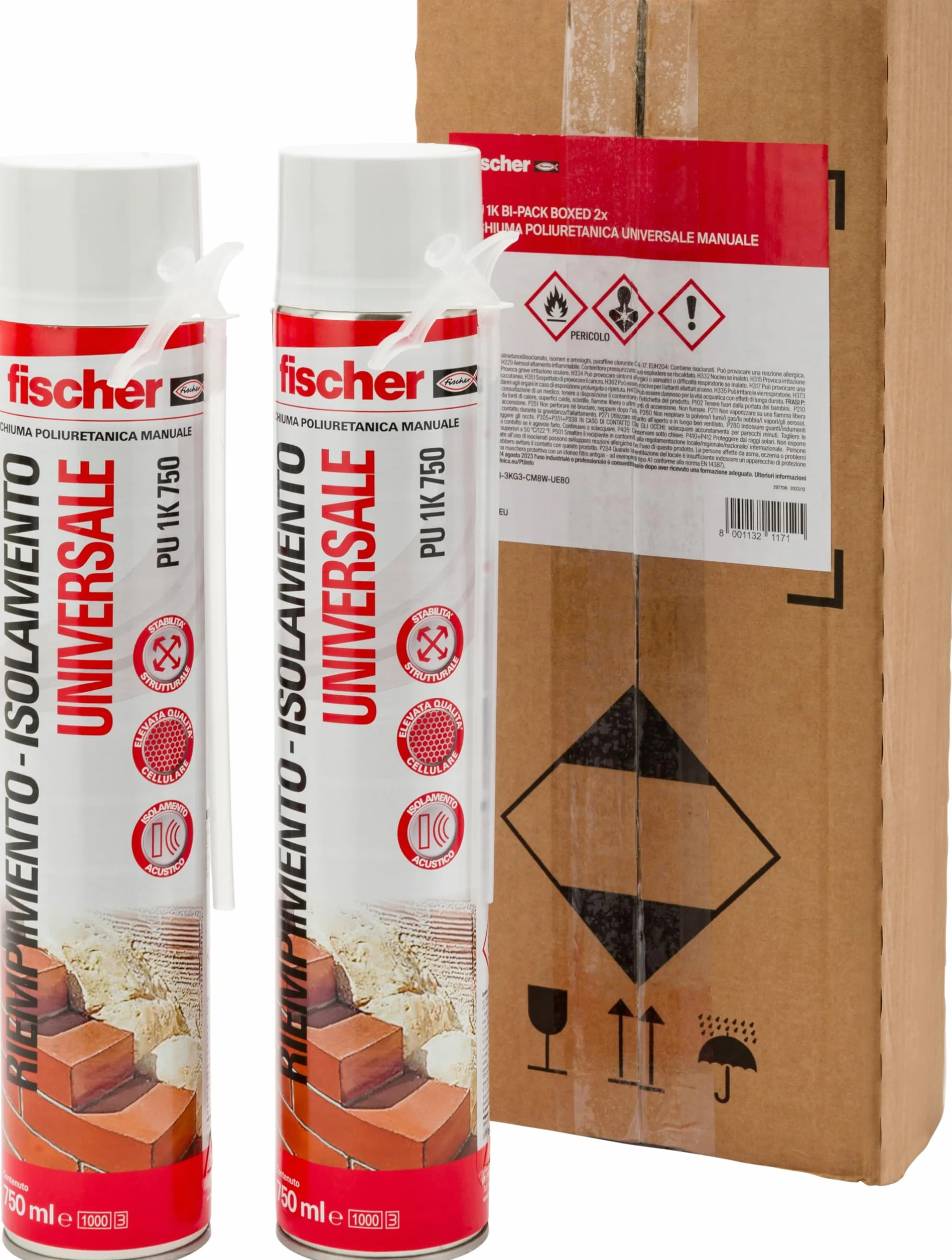 Fischer Bi-Pack Schiuma Poliuretanica Universale Espansa PU 1K 2x 750 ml