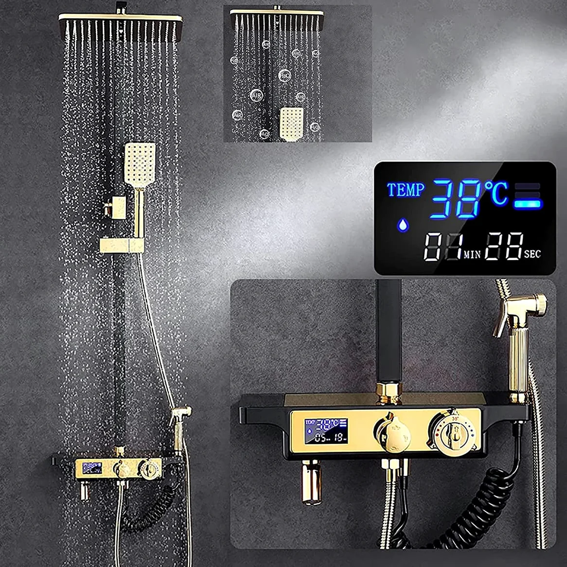 Sistema Doccia a Pioggia, Set termostatico Combinato, Rubinetto per Bagno in Oro e Nero con soffione a Pioggia, doccetta, Rubinetto per Vasca, doccetta Bidet, Display Digitale