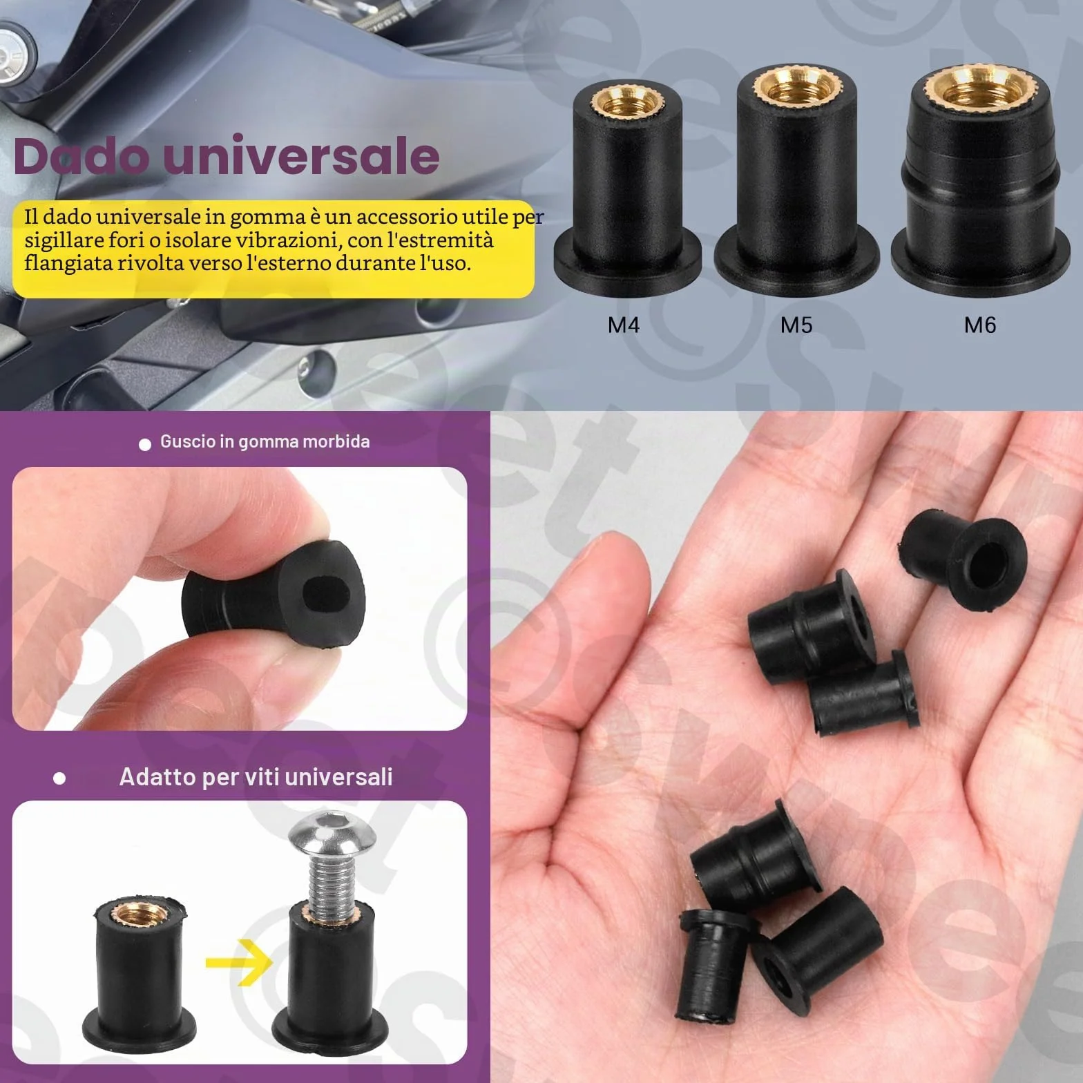 Swpeet Set di 37 Dadi M4 M5 M6 in Gomma Nera Ondulata per Parabrezza, Fissaggio, Rivestimento Moto e Neoprene - Espansione in Ottone per Canoa