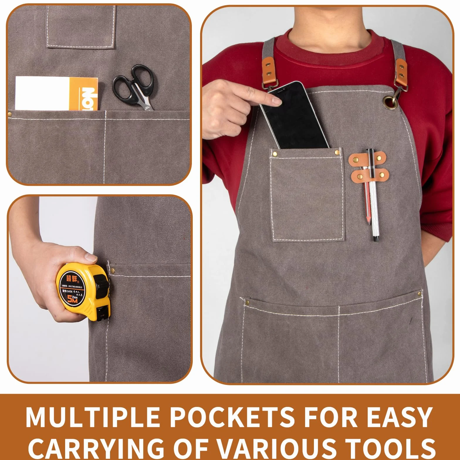 Grembiule da Lavoro Resistente con Tasche Multiple, Regolabile, per Carpenteria, Giardinaggio, Meccanica (Grigio Scuro)