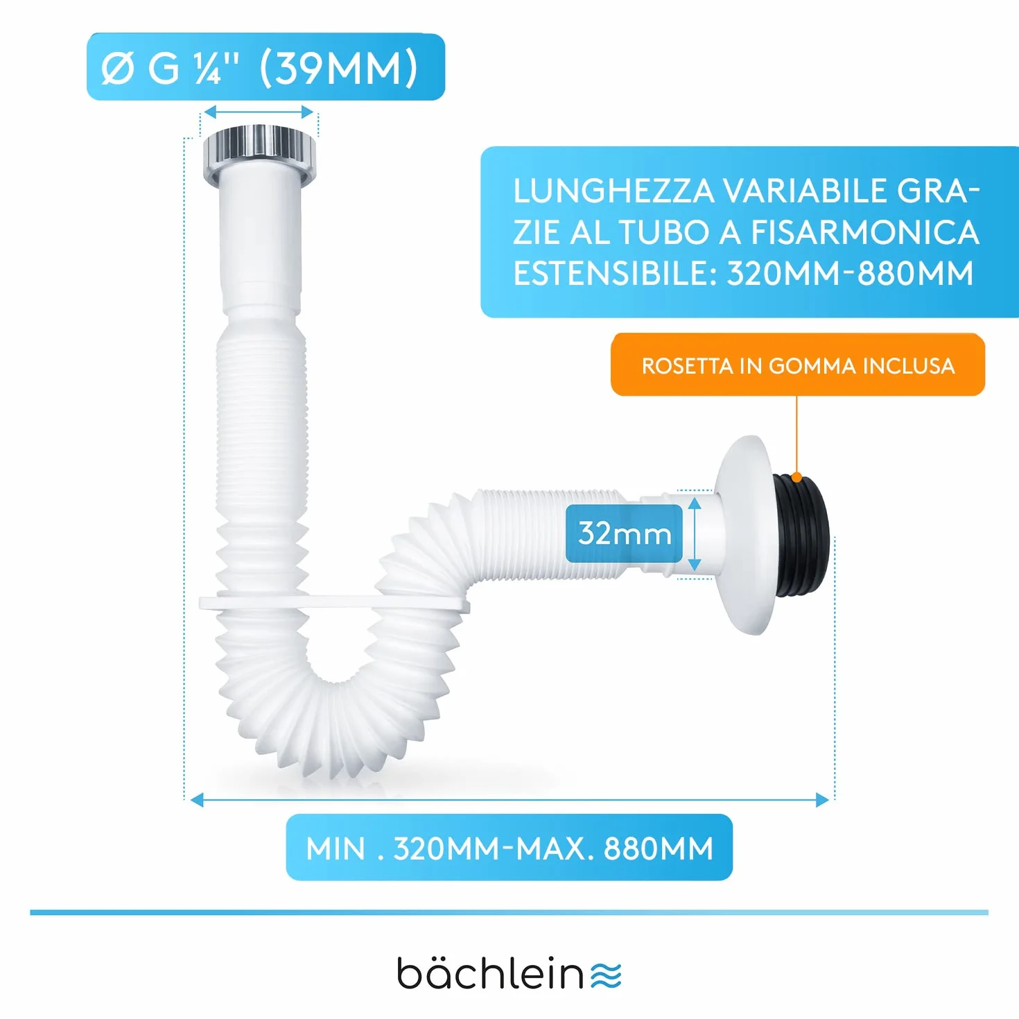 Bächlein Tubo Flessibile di Scarico per Lavabo - G 1 1/4" x 32 mm, Estensibile da 320-800 mm, Sifone Antiodore Regolabile Individualmente