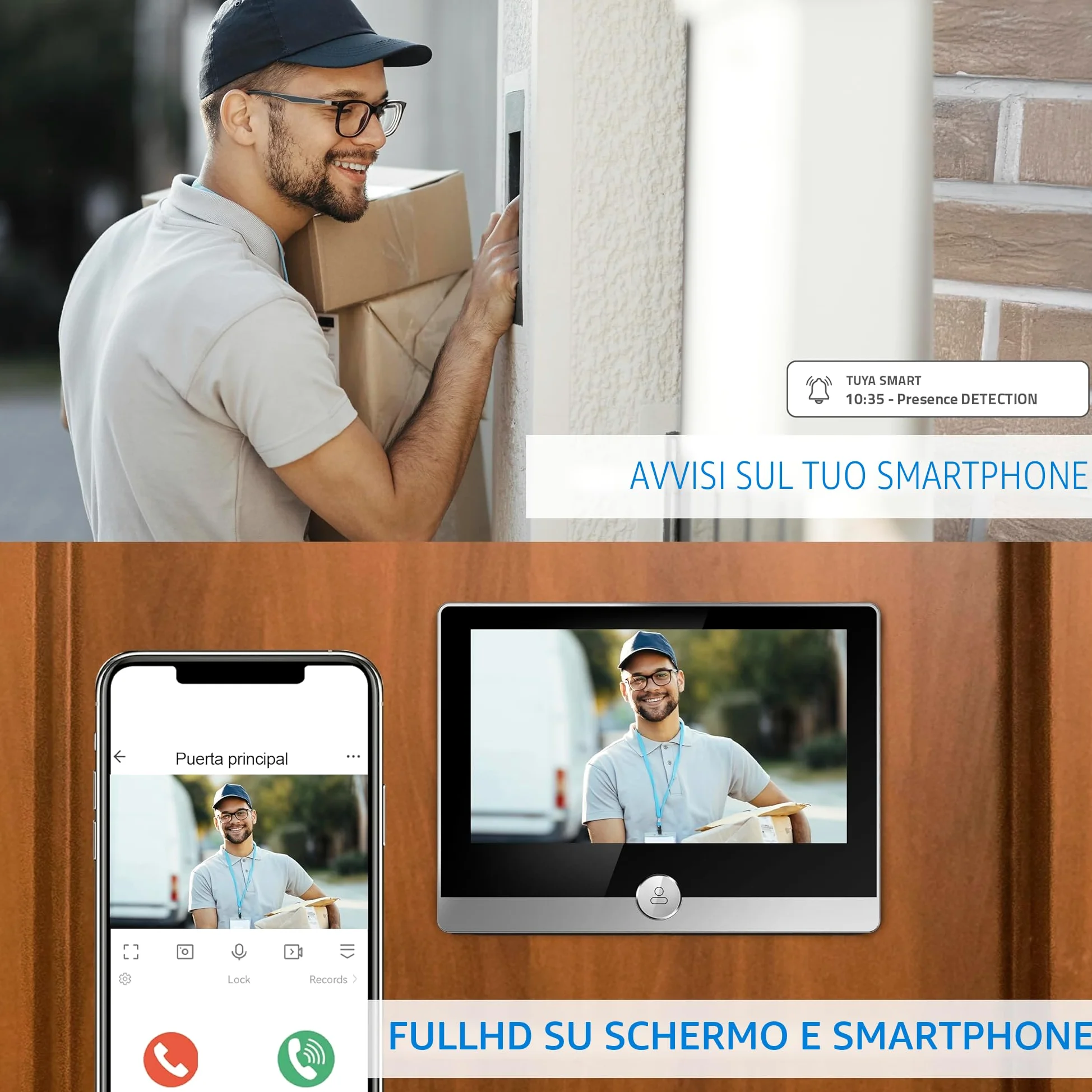 NIVIAN Spioncino Digitale WiFi - Videocamera Full HD con Batteria e Campanello, Audio Bidirezionale, Rilevamento PIR e Visione Notturna | App e Controllo da Smartphone