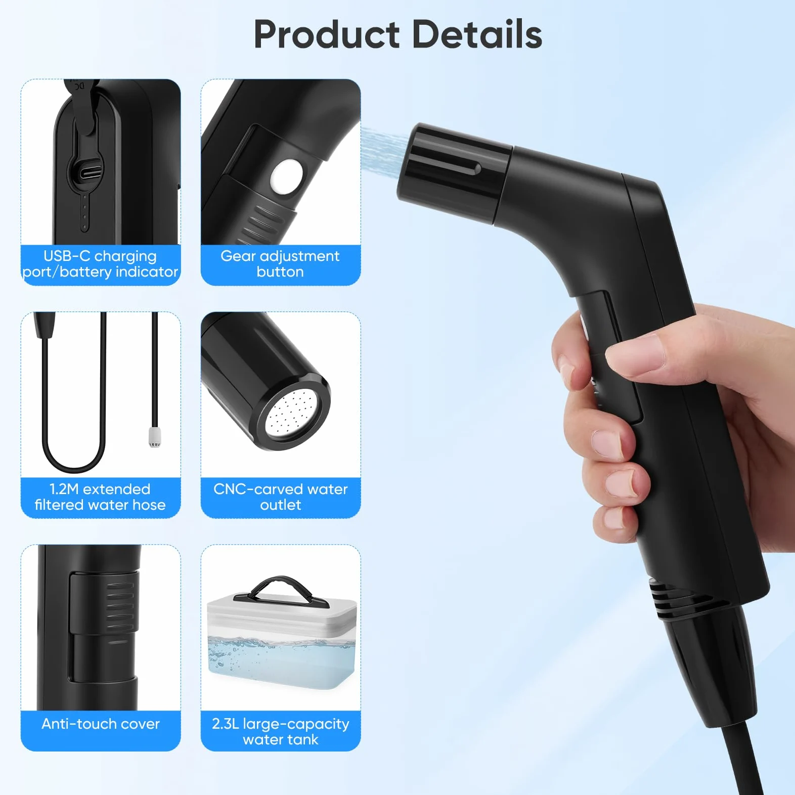Bidet elettrico da viaggio da 2,3 l, bidet portatile con tubo da 1,2 m, portatile, per bagno, campeggio, all'aperto, doccia musulmana, bottiglia perineale, 2 modalità