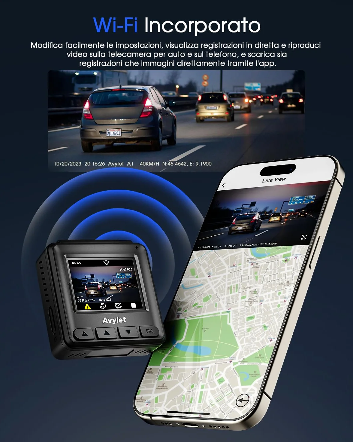 Avylet 2K Dash Cam Wi-Fi Con Scheda 64GB, Mini Telecamera per Auto 1440P con APP, Dashcam Auto GPS Esterno, WDR, Visione Notturna, 24H Monitor di Parcheggio, Rilevamento di Movimento, G-Sensor