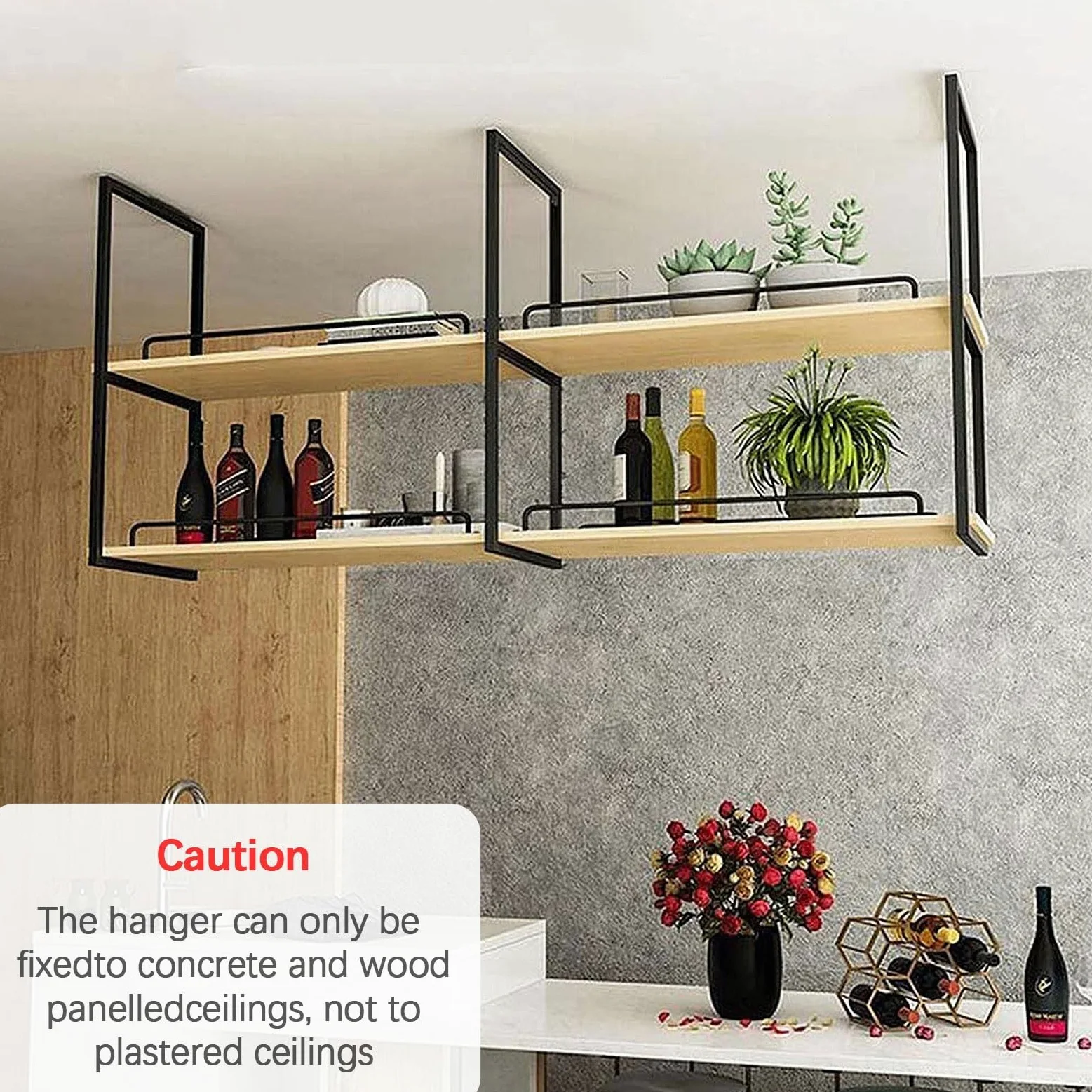 Mensole da appendere in ferro da parete, elegante espositore da soffitto per cucina, bar e piante, facile da installare, portaoggetti decorativo con guardrail - Supporto artistico salvaspazio