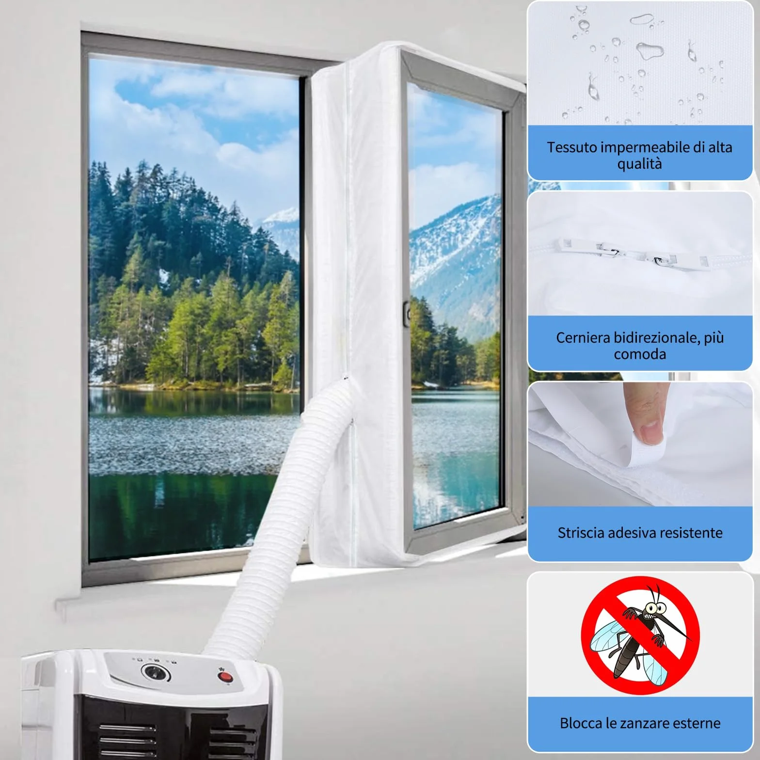 Guarnizione per finestre per condizionatori mobili 400 cm con doppia cerniera lampo Hot-Air-Stop
