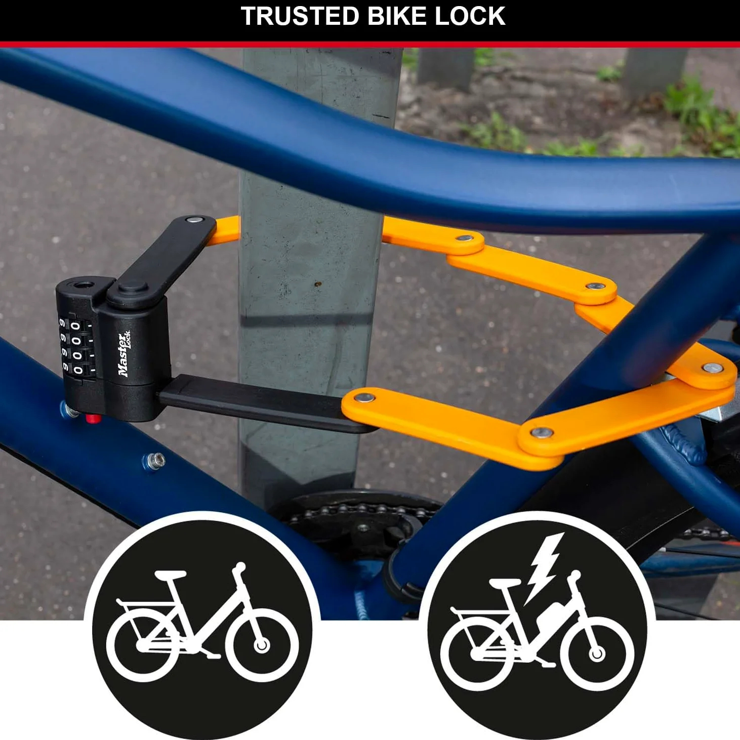 Master Lock, Lucchetto pieghevole per bicicletta a combinazione con maglie in acciaio temprato, supporto e staffa di montaggio inclusi, 80 cm
