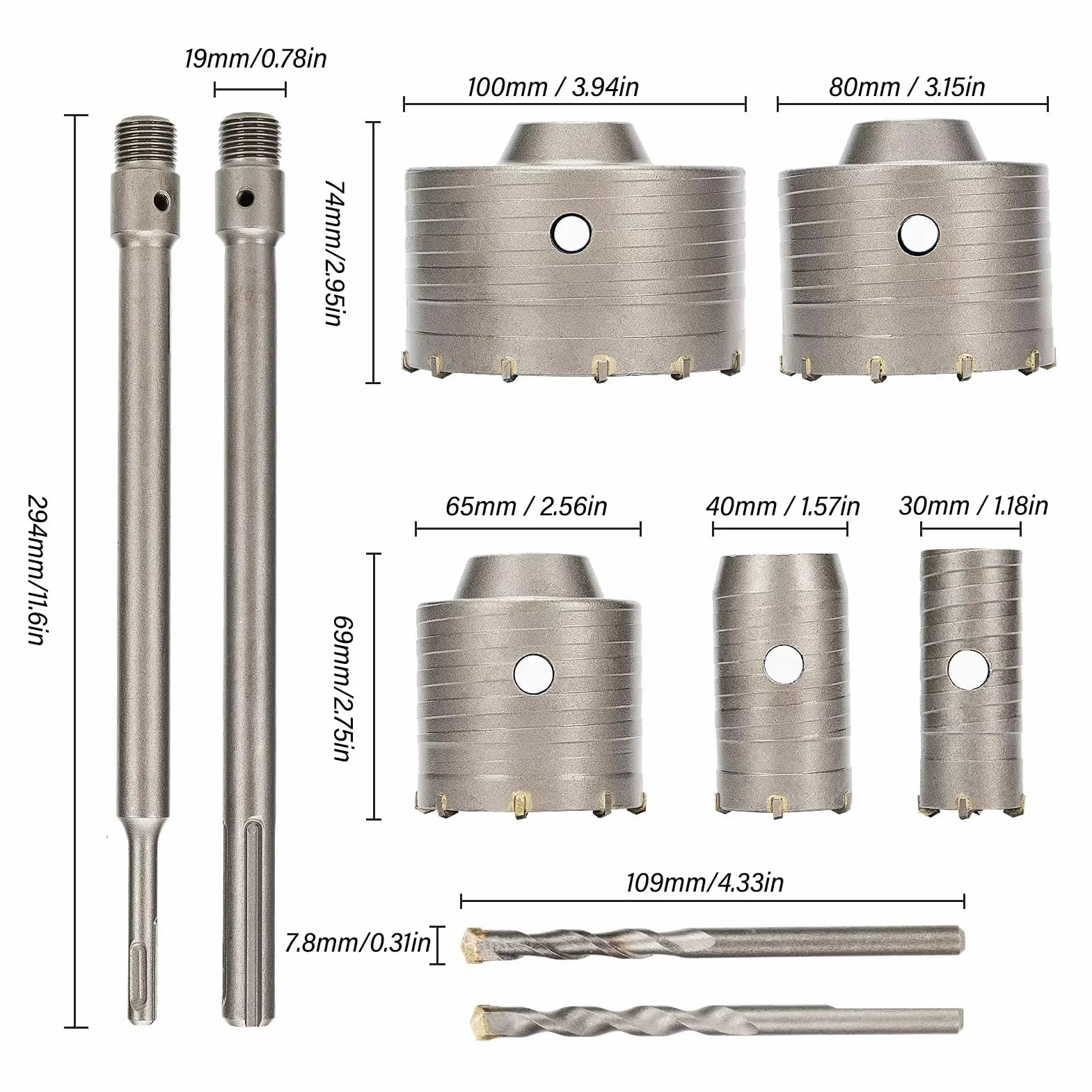 Set Seghe a Tazza per Calcestruzzo 9 Pezzi Carotatrici 30-100 mm Acciaio + Adattatore SDS Plus Max