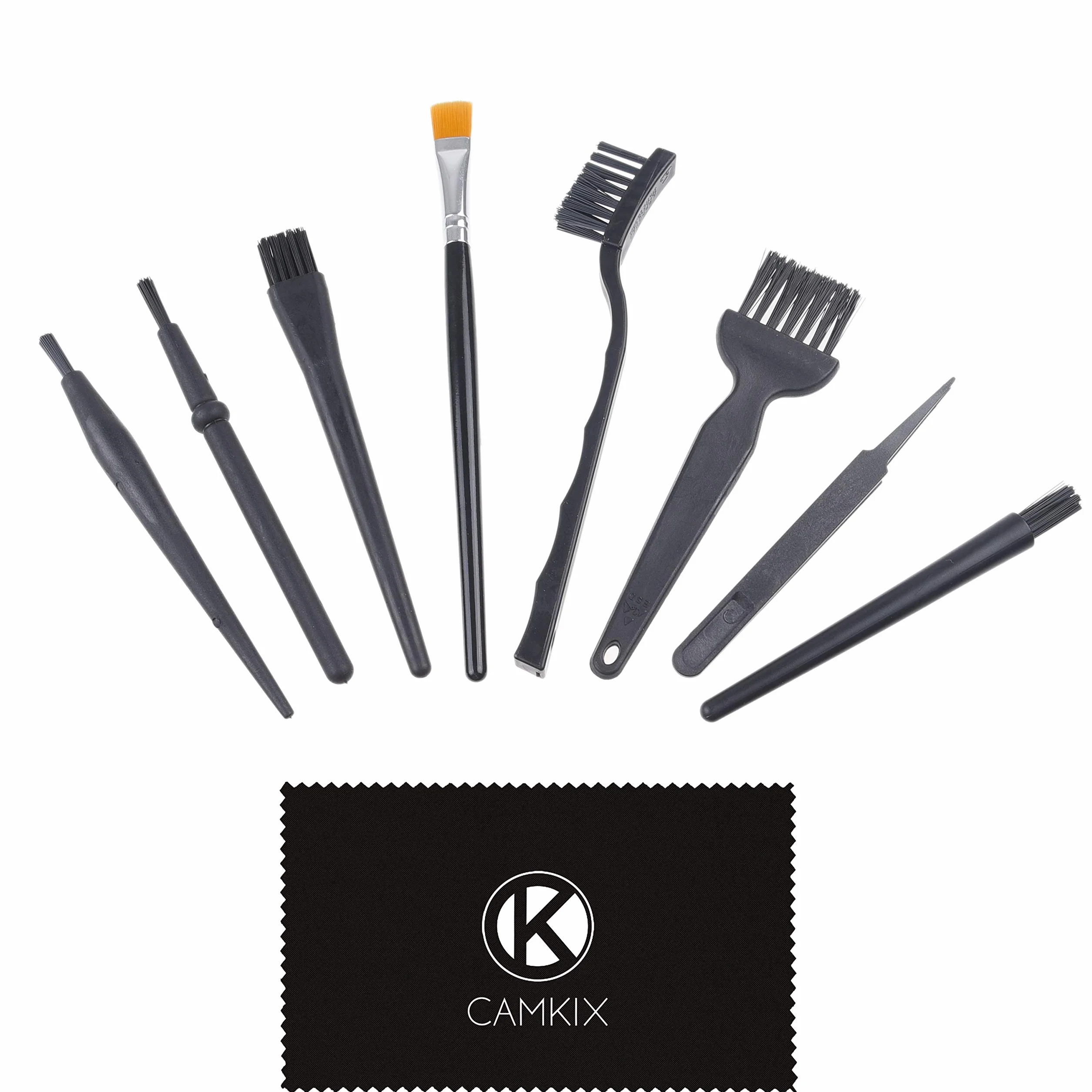 Camkix Spazzole Multiuso (Nero) – CONFEZIONE DA 9-7x Spazzole –Multi Taglia, 1x Paio di Pinzette Antistatiche, 1x Panno di Pulizia – Piccole Fessure - Computer, Tastiere, PCB, Bocchette, Interno Auto