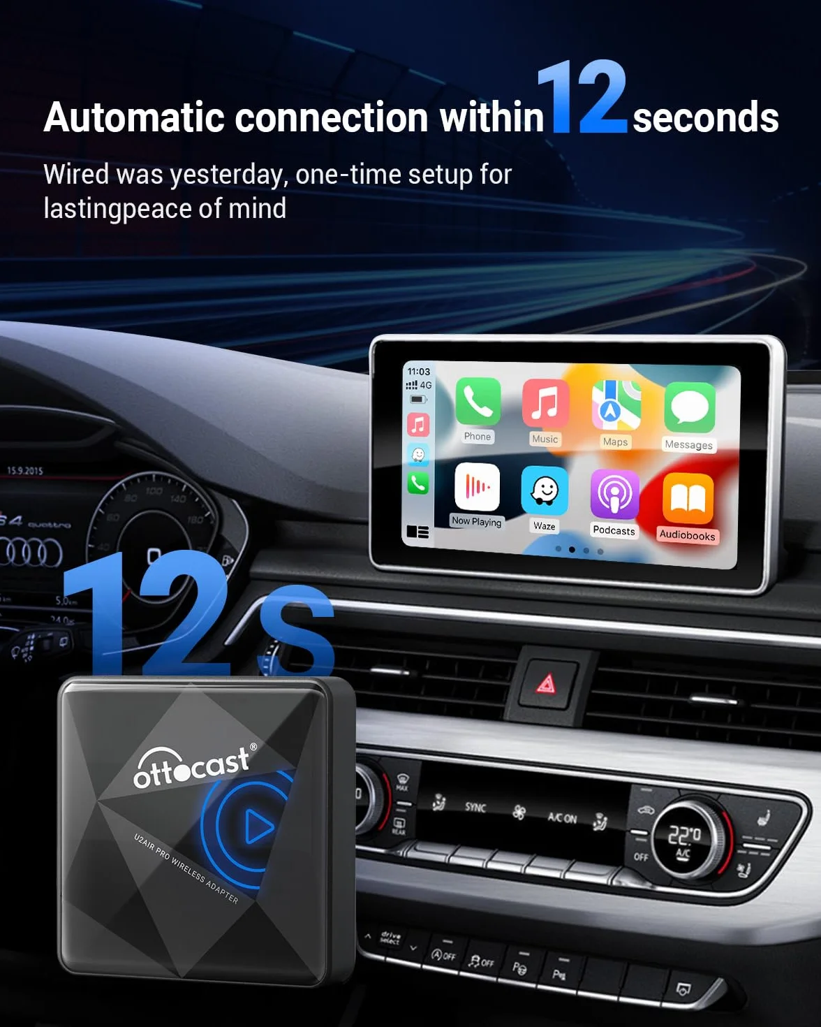 OTTOCAST Adattatore CarPlay Wireless, Dongle Senza Fili, Nessun Ritardo, Compatibile con Auto dal 2016 e iPhone iOS 10+