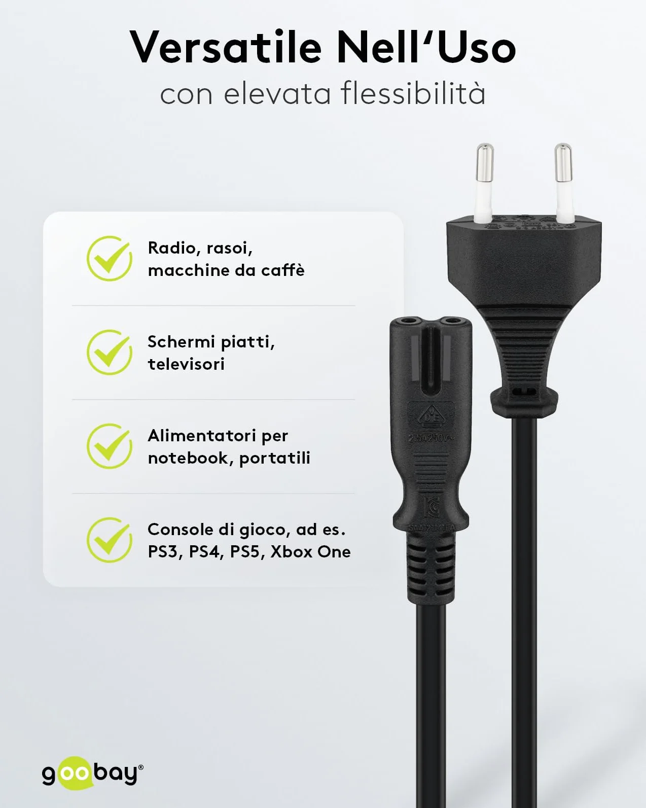 LINK, 95038, CAVO ALIMENTAZIONE CON SPINA ITALIANA BIPOLARE 10A - PRESA 8 FORM DIRITTA FEMMINA C7 MT.3