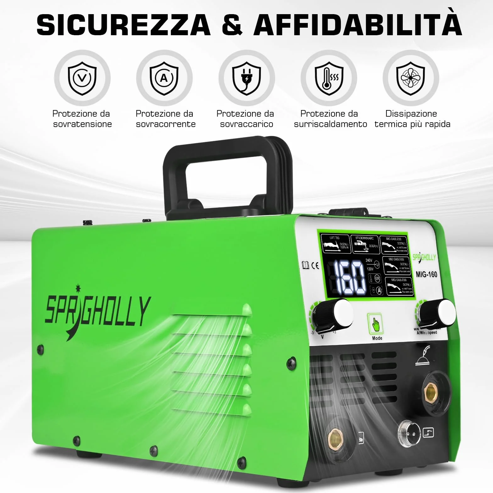Saldatore Inverter IGBT 160 A 230 V MIG/MMA/Lift TIG 3 in 1 con Display LED