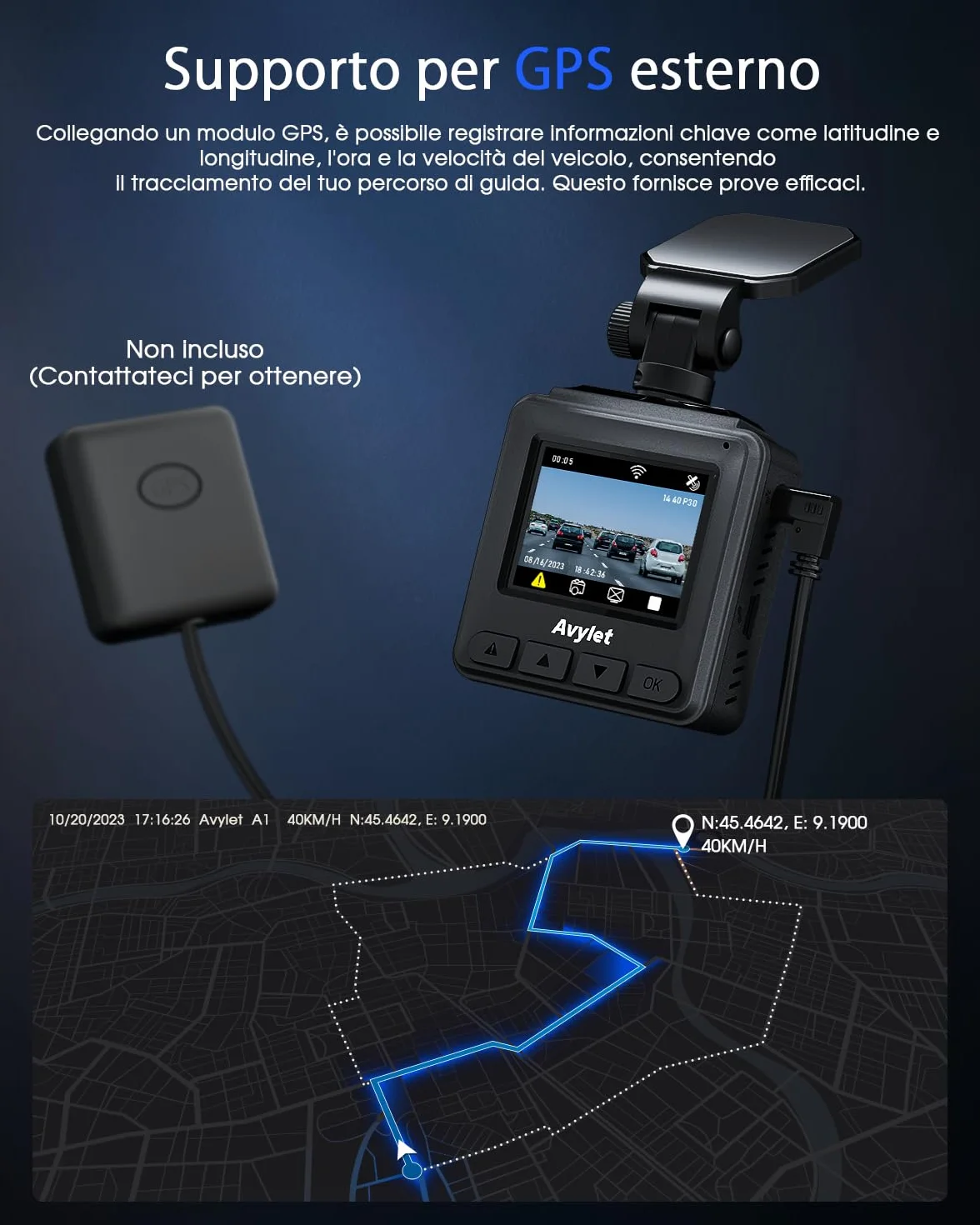 Avylet 2K Dash Cam Wi-Fi Con Scheda 64GB, Mini Telecamera per Auto 1440P con APP, Dashcam Auto GPS Esterno, WDR, Visione Notturna, 24H Monitor di Parcheggio, Rilevamento di Movimento, G-Sensor