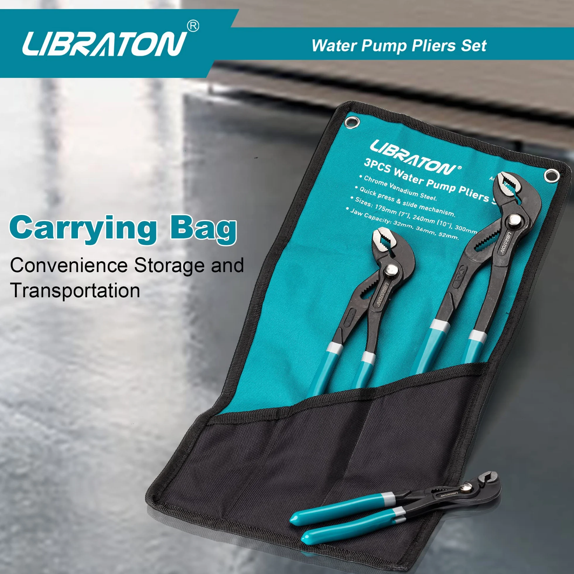 Libraton Set pinze per pompa dell'acqua in acciaio Cr-V 3 pezzi regolazione rapida