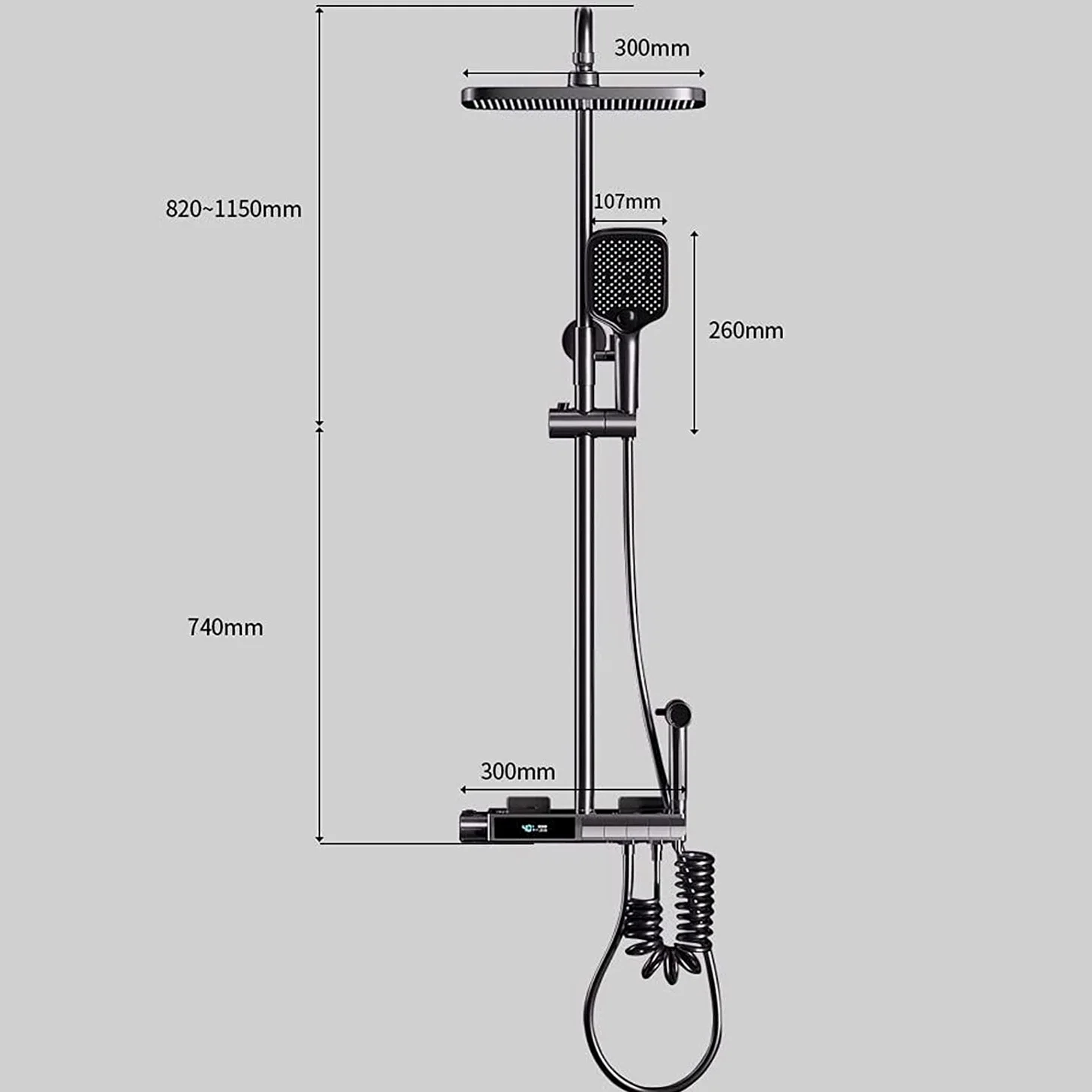 Doccia portatileSistema Doccia termostatico, Montaggio a Parete, Display della Temperatura, Set Rubinetto, rubinetti a Vista a 4 funzioni, con doccetta, beccuccio per Vasca e Bidet