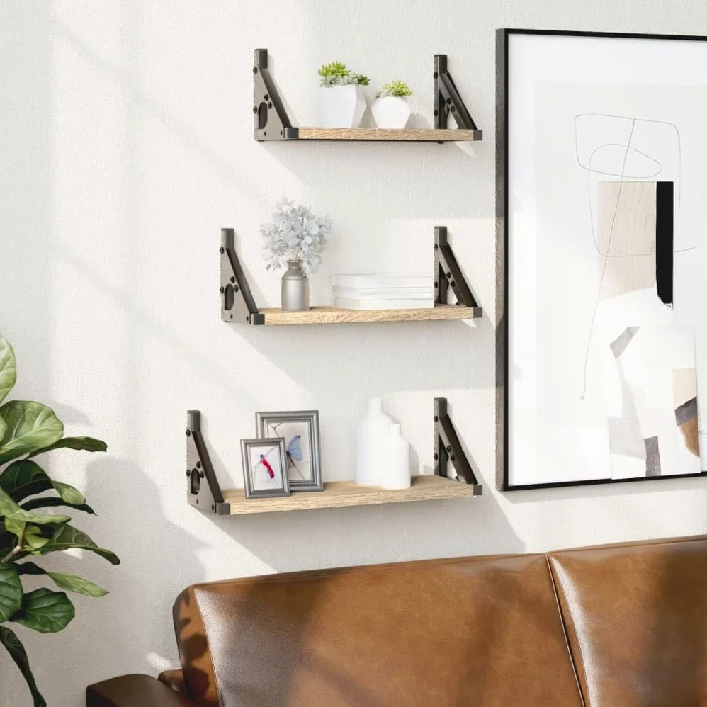 Set di 3 mensole da parete in legno di rovere Sonoma, mensole sospese, mensole sospese, per soggiorno, camera da letto, cucina, salvaspazio, con supporto stabile, ideale per ordine e