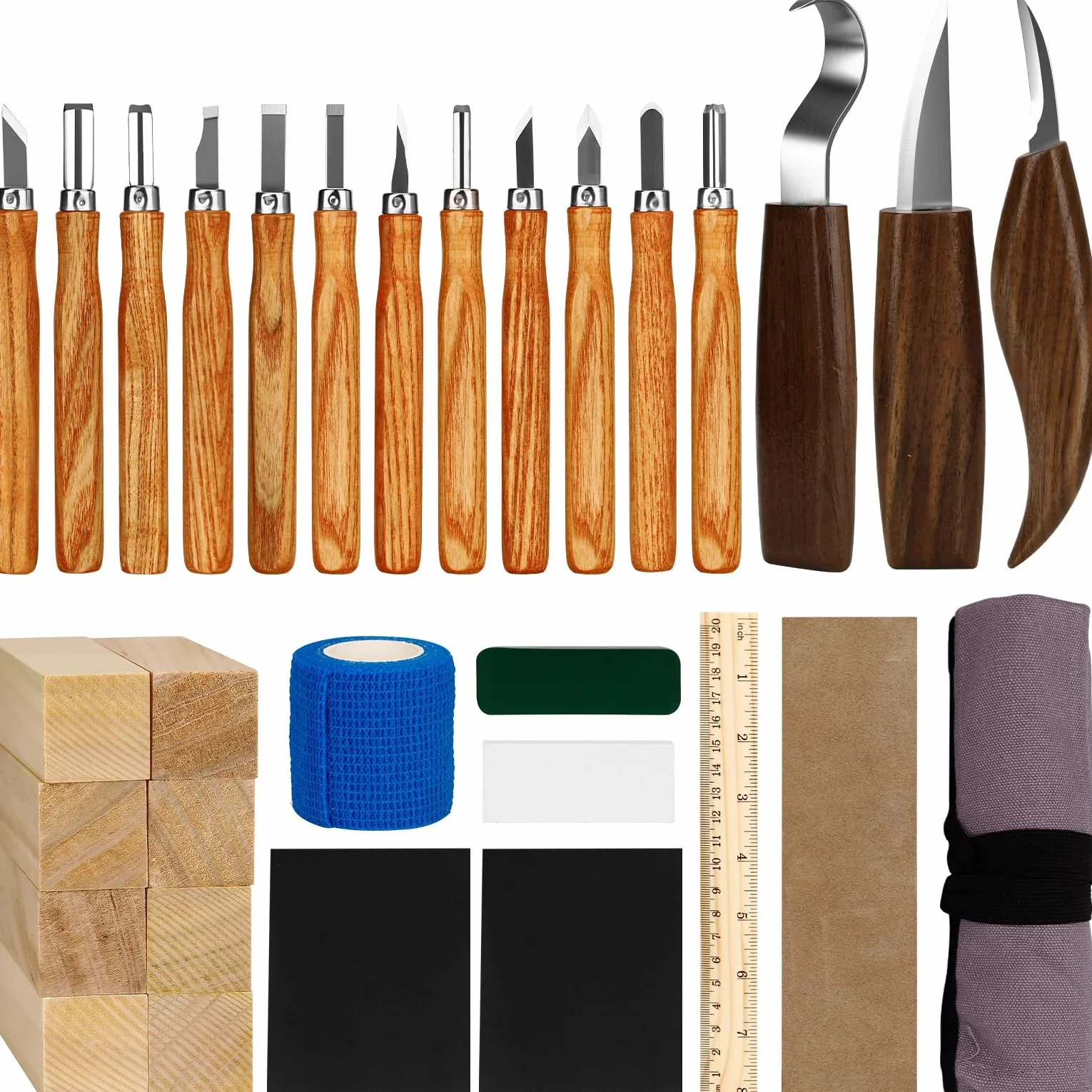 Kit Intaglio Legno 33 Pezzi,con blocchi di legno,coltelli e accessori pratici per intaglio sicuro e creativo;set di coltelli da intaglio,perfetto per principianti,hobbisti e come regalo creativo