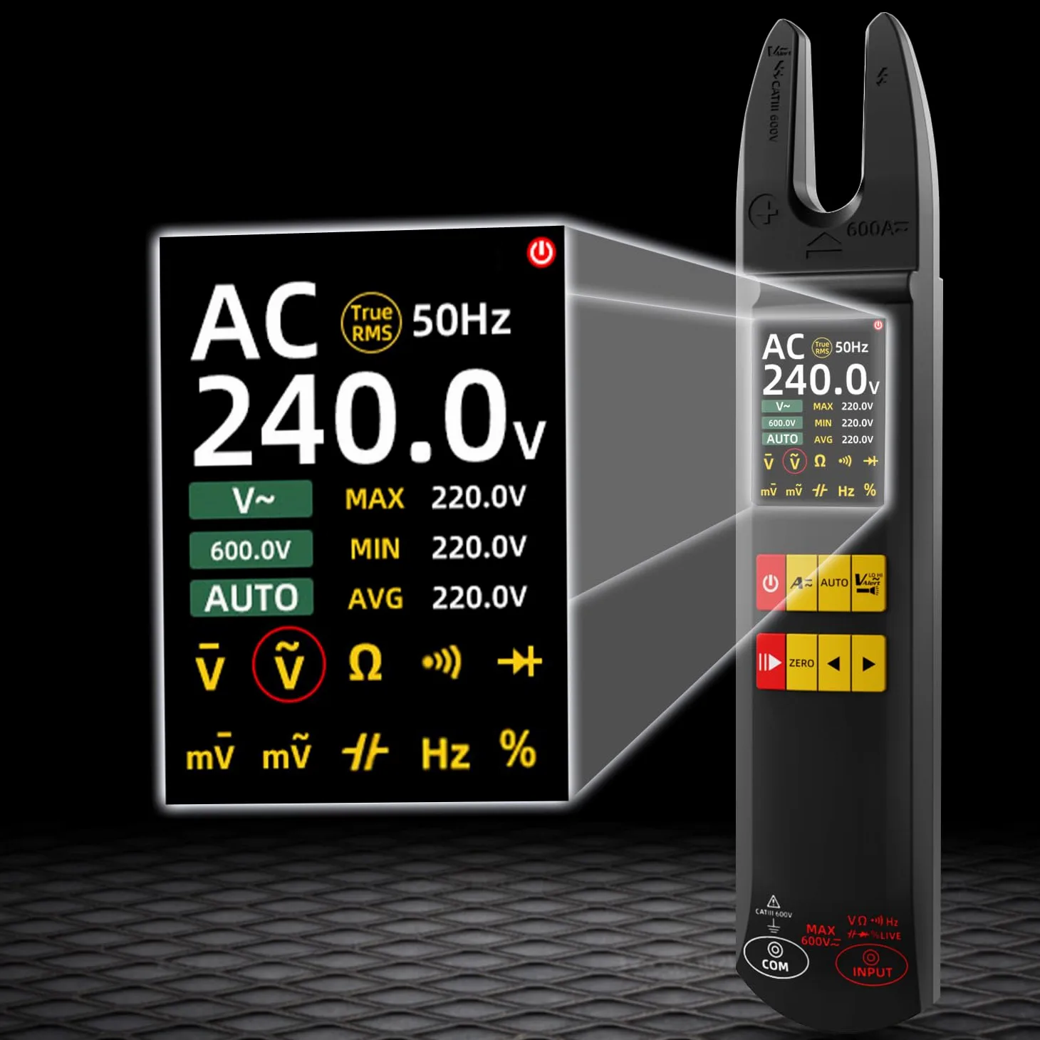 BSIDE DC AC pinza amperometrica 600A Corrente Multimetro 6000 Counts Amperometro Automatico Capacità Digitale Resistenza NCV Live Wire Tester di tensione con data Hold Max/Min/Ave
