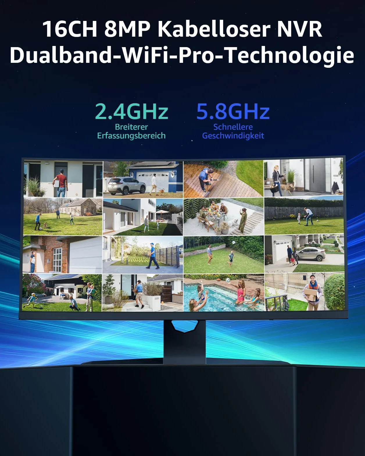 ANNKE Set di telecamere di sorveglianza Wi-Fi 4K per esterni, 4 telecamere WiFi da 8 MP, NVR 16 CH 4K con HDD da 1 TB, materiale interamente in metallo, Wi-Fi 5 GHz/2,4 GHz, visione notturna a colori