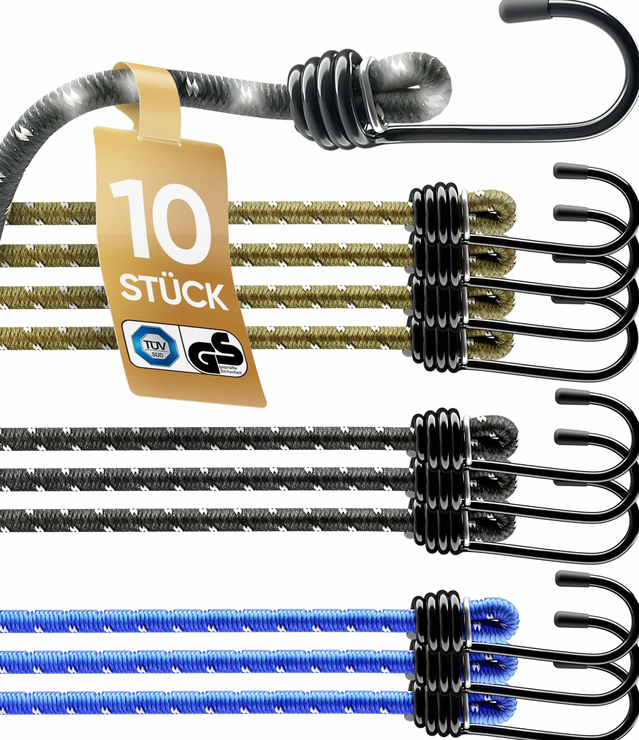 HELDENWERK Set di 10 espansori certificati TÜV/GS con ganci elastici in 30, 45, 75 e 100 cm, elastici con ganci per trasporto, campeggio e sicurezza, corda di tensione, tenditore in gomma e tenditore