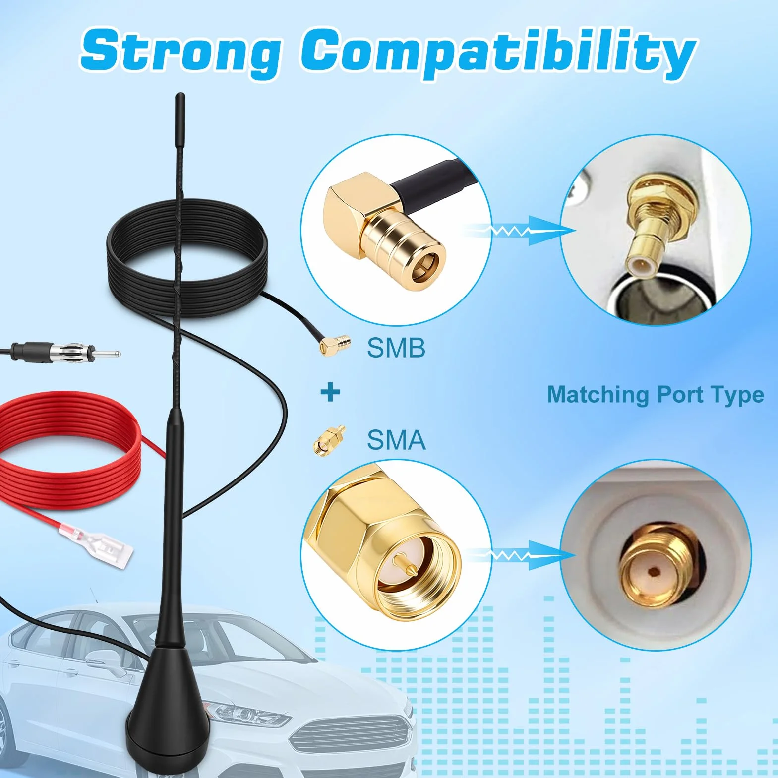 Yosoo Health Gear DAB DAB+ Antenna Auto, Digitale Antenna per Autoradio con 5m Cavo Coassiale, Connettori SMB/SMA e Presa DIN, Amplificatore Divisore Segnale Autoradio