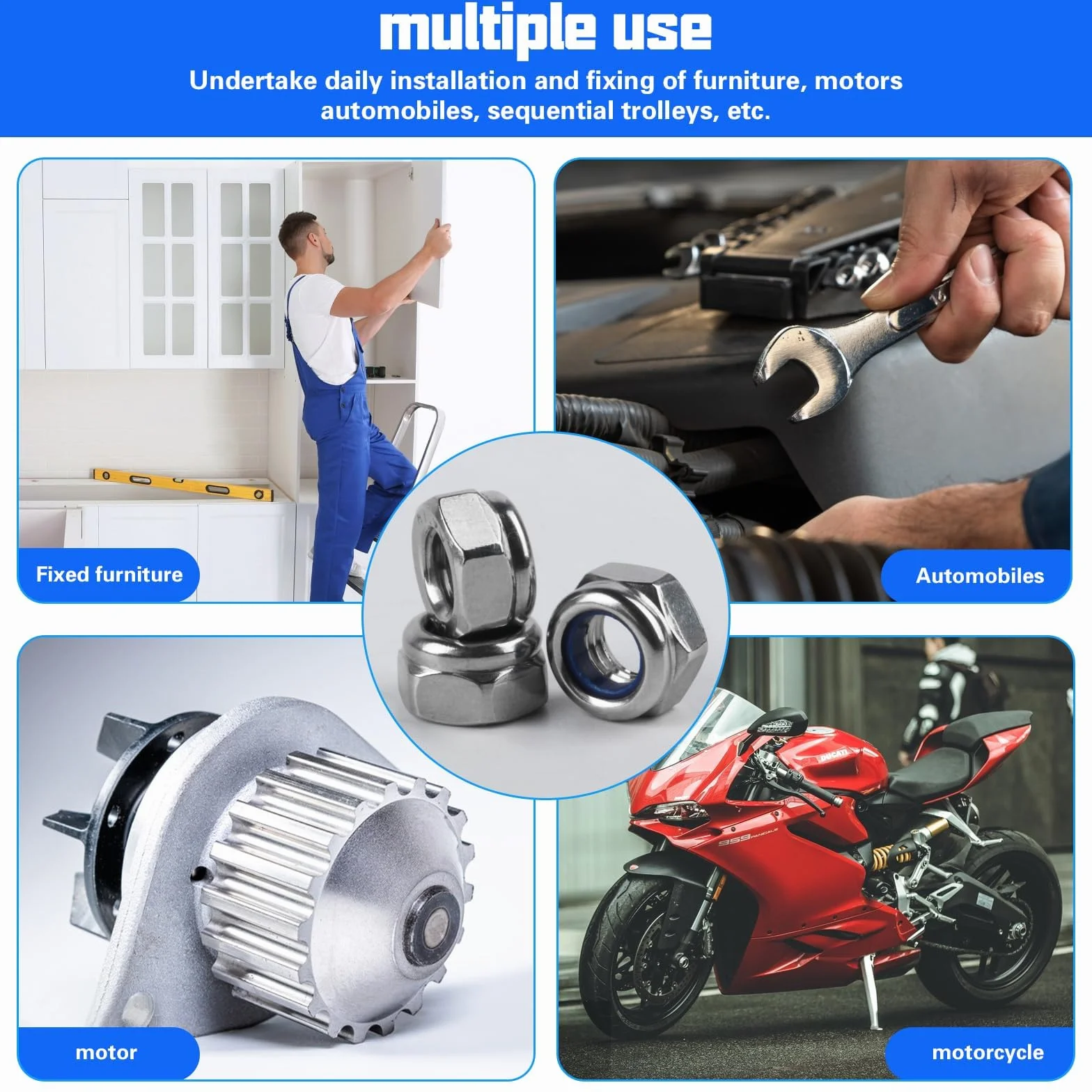 Set di 34 Dadi Esagonali in Acciaio Inox M6 Autobloccanti di Sicurezza
