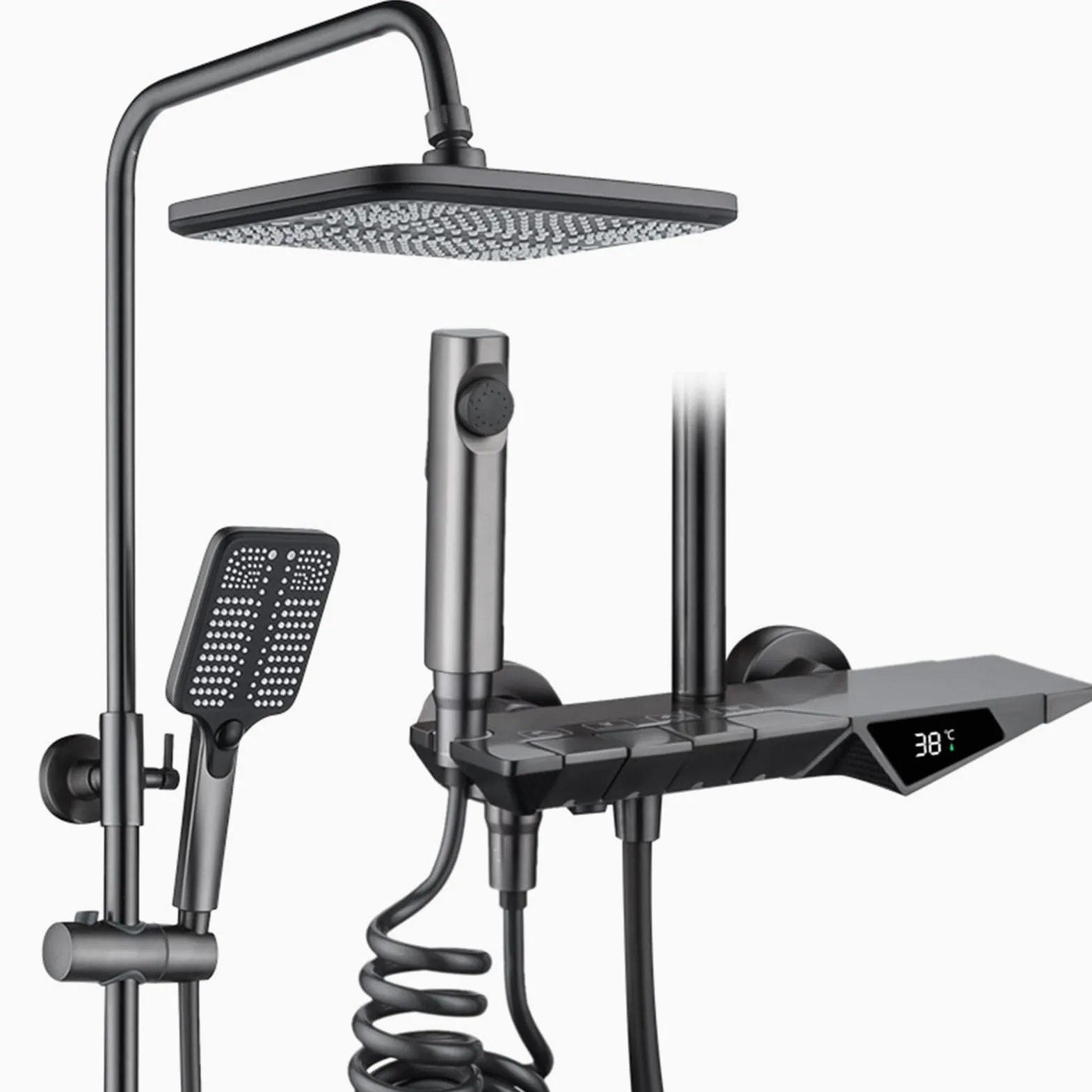 Set di rubinetti con Display Digitale per Sistema Doccia Grigio, Montaggio a Parete con beccuccio per Vasca, soffione a Pioggia, doccetta, Bidet
