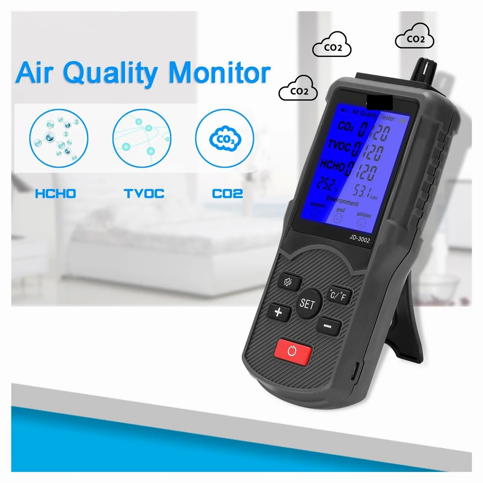 Misuratore Qualità dell'aria, Misuratore di CO2 8 in 1 Tester multifunzionale a qualità 'aria Misuratore di CO2 TVOC Dispositivo di misurazione 'umidità a temperatura Misuratore di CO2 Rilevatore di C