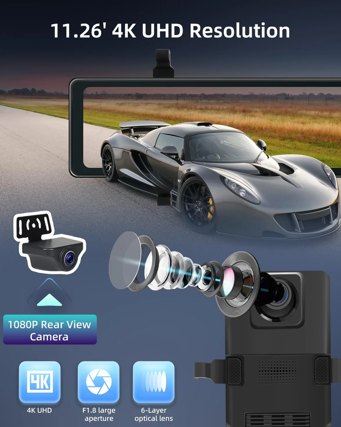 NHOPEEW 4K Mirror Dash Cam con doppia telecamera - Touchscreen da 11,26 pollici - ADAS BSD G-Sensor Registrazione in loop Visione notturna Tracciamento GPS Monitoraggio parcheggio 24 ore su 24