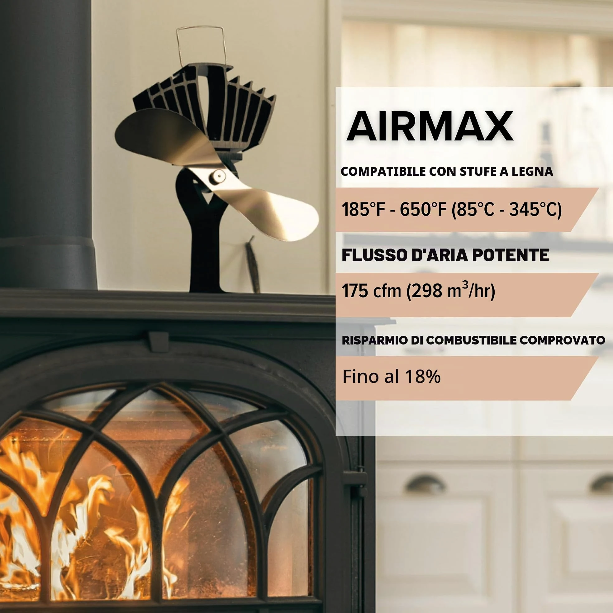 Ecofan AirMax - Ventilatore per stufa - Design classico potente - 175 CFM - Ideale per stufe a legna - Ventilatore termico per una circolazione dell'aria efficiente e risparmio di combustibile