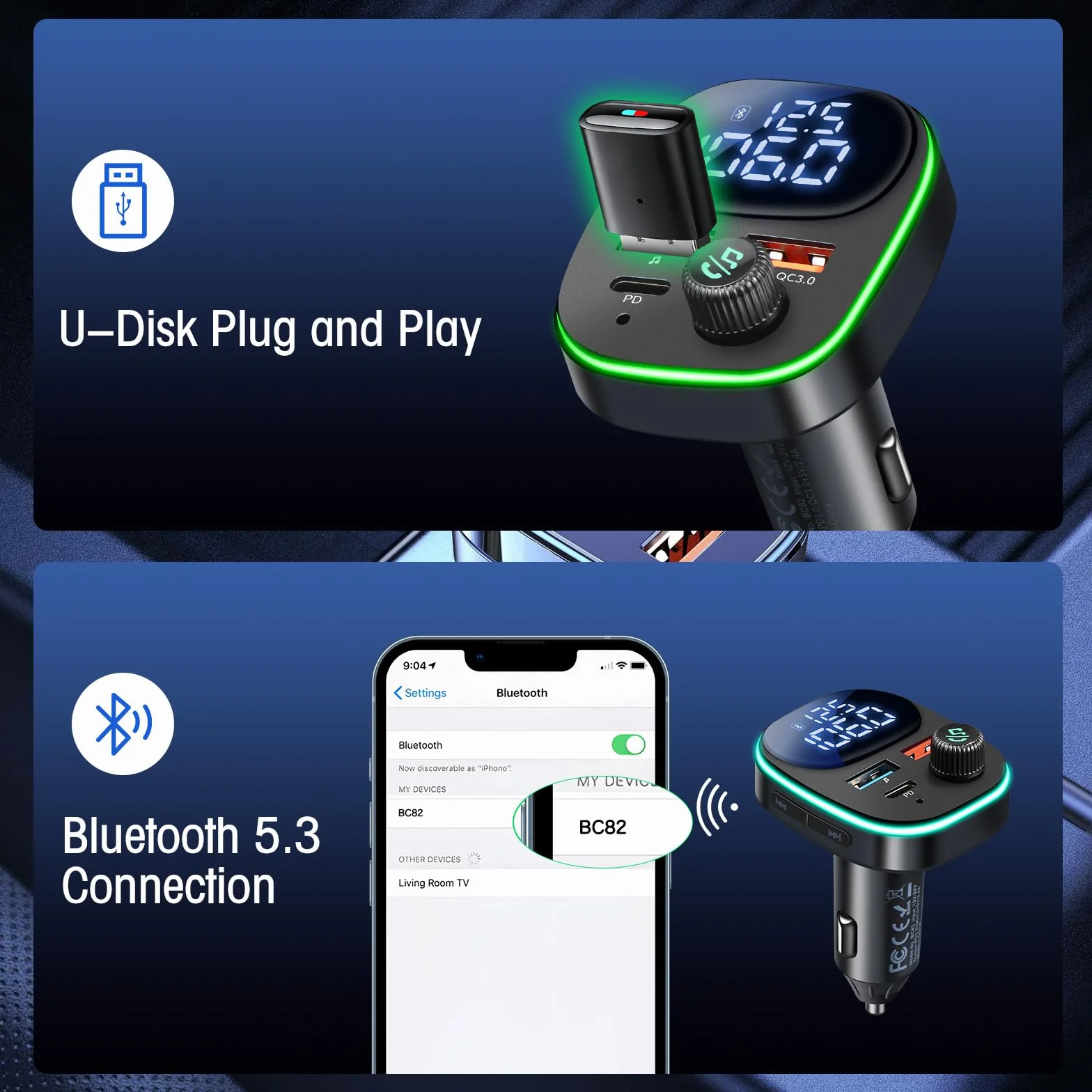 Hoppac Trasmettitore Bluetooth 5.3 Per Auto, PD 30W & QC 3.0 Adattatore Bluetooth Auto Per La Ricarica Rapida, Display LED,Per Ascoltare Musica e Telefonare in Vivavoce