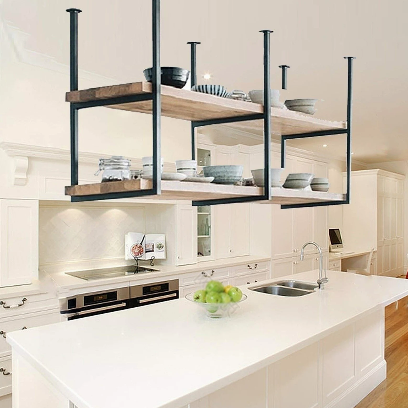 Mensole sospese rustiche a 2 strati con facile installazione per bar ristorante scaffale decorativo da parete con staffe per mensole a soffitto (dimensioni: 120 x 30 x 60 cm)
