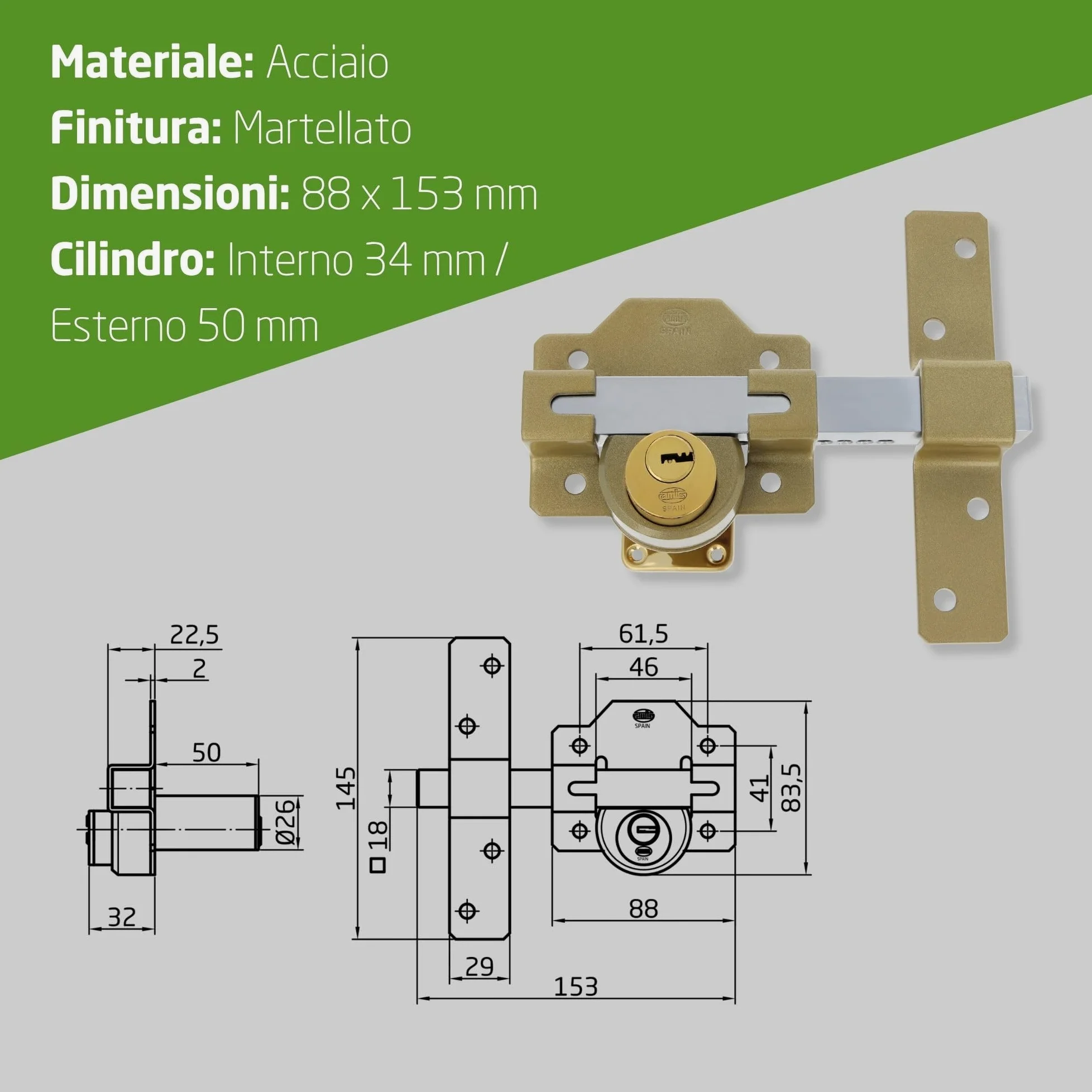 Amig - Catenaccio Porta di Sicurezza da Applicare con Cilindro Rotondo Interno ed Esterno Mod. 4 - Serratura con Chiave - 88 x 153 mm - Include 5 Chiavi a Punti - Acciaio Martellato