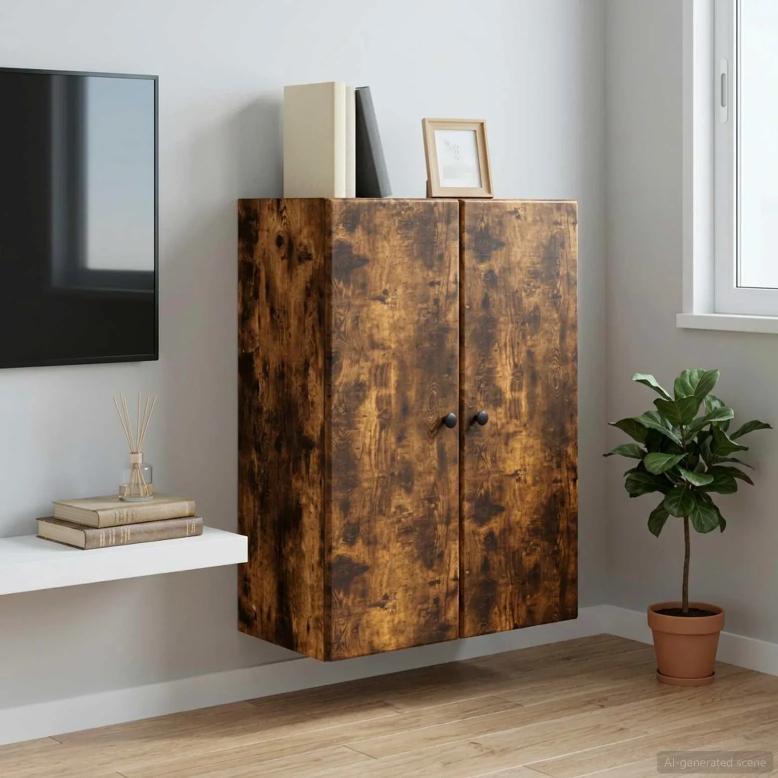 Armadio portaoggetti da parete in rovere affumicato, 66 x 34,5 x 90 cm, con 2 ante e 2 ripiani, chiudibile, per ufficio, garage, cantina