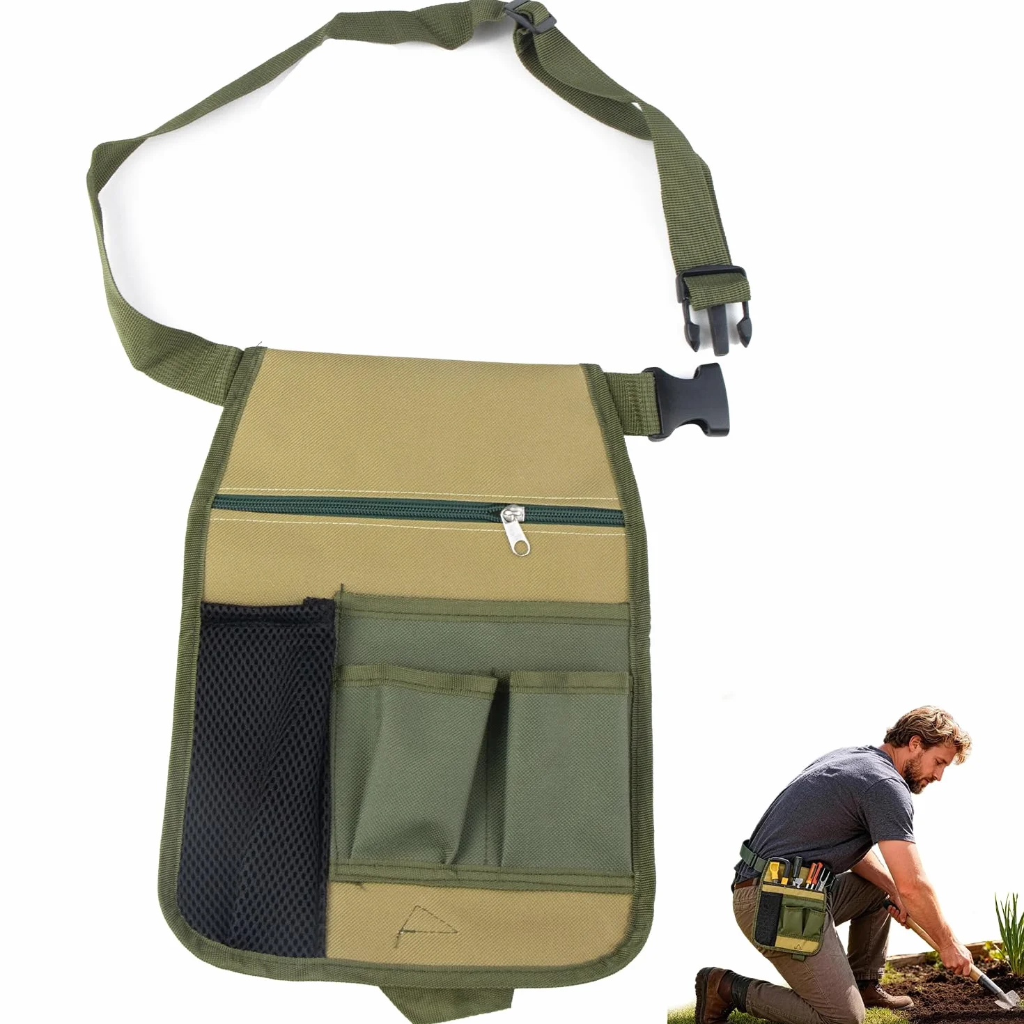 Cintura Porta Attrezzi Compatta con 5 Tasche Rimovibile e Regolabile per Elettricisti Falegnami Operai Edili Verde