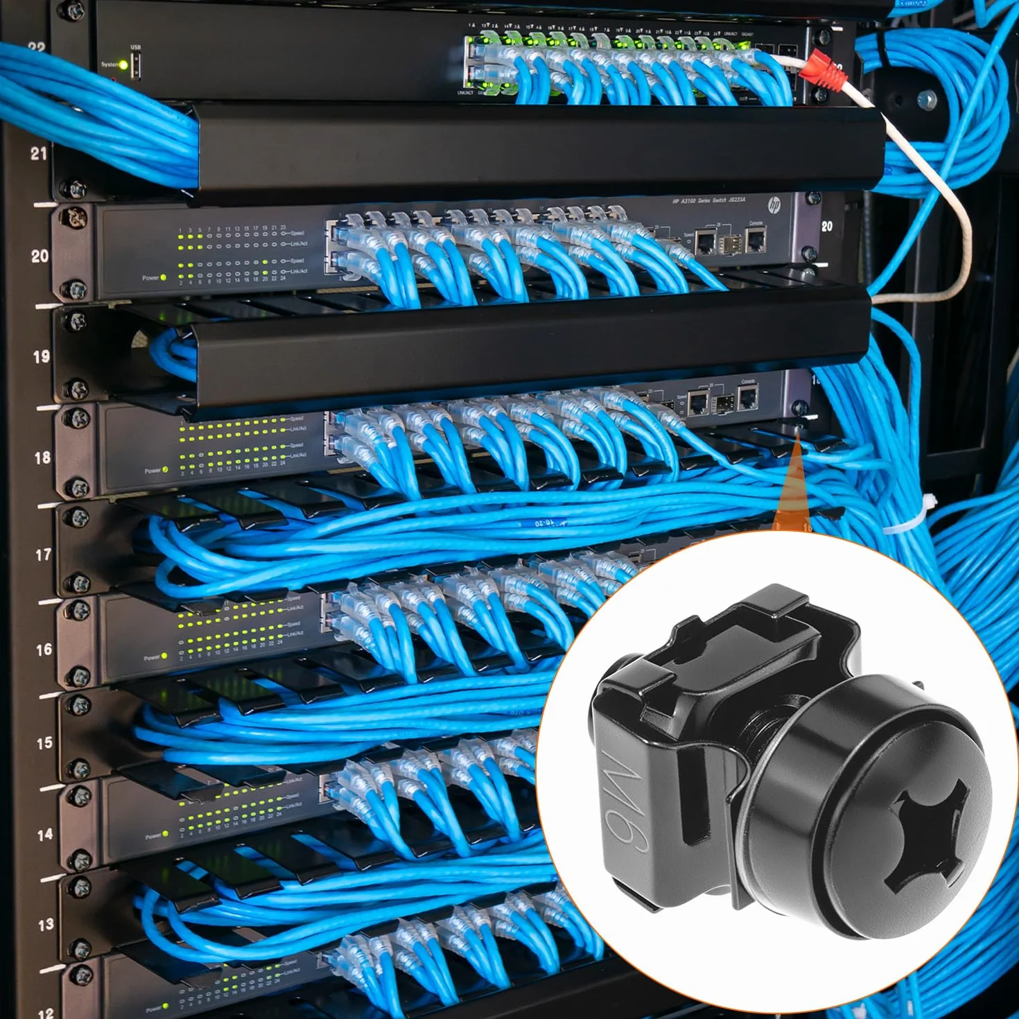 QWORK Set di 20 viti a dado M6 per armadi di rete, compatibile con rack da 19/10 pollici, acciaio nero