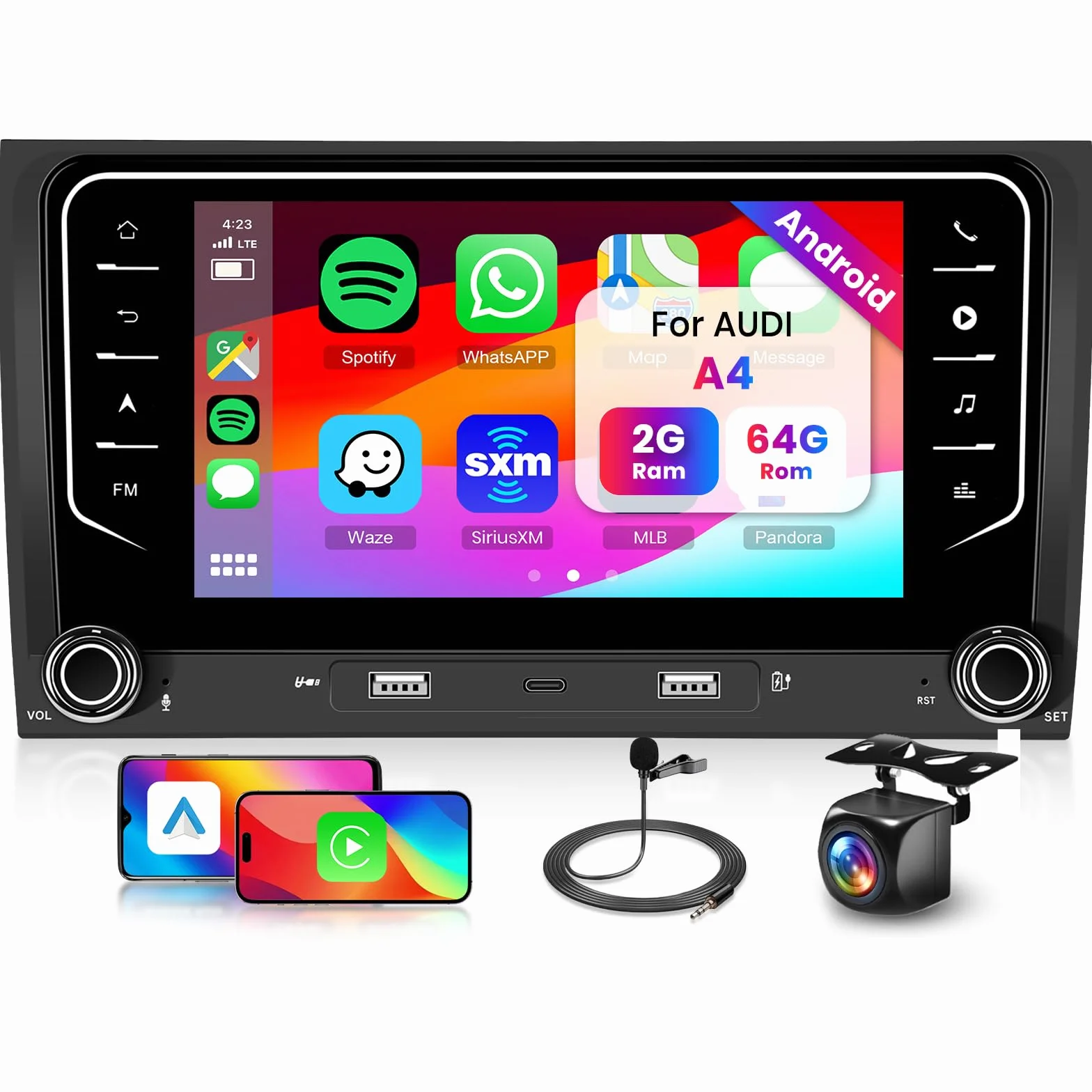 Hodozzy 2GB+64GB Android Autoradio per Audi A4 S4 RS4 B5 B6 B7 Seat Exeo con Wireless Carplay Android Auto, 7 Pollici Touchscreen Stereo 2 Din Schermo con GPS Wifi Bluetooth DSP FM/RDS con Telecamera