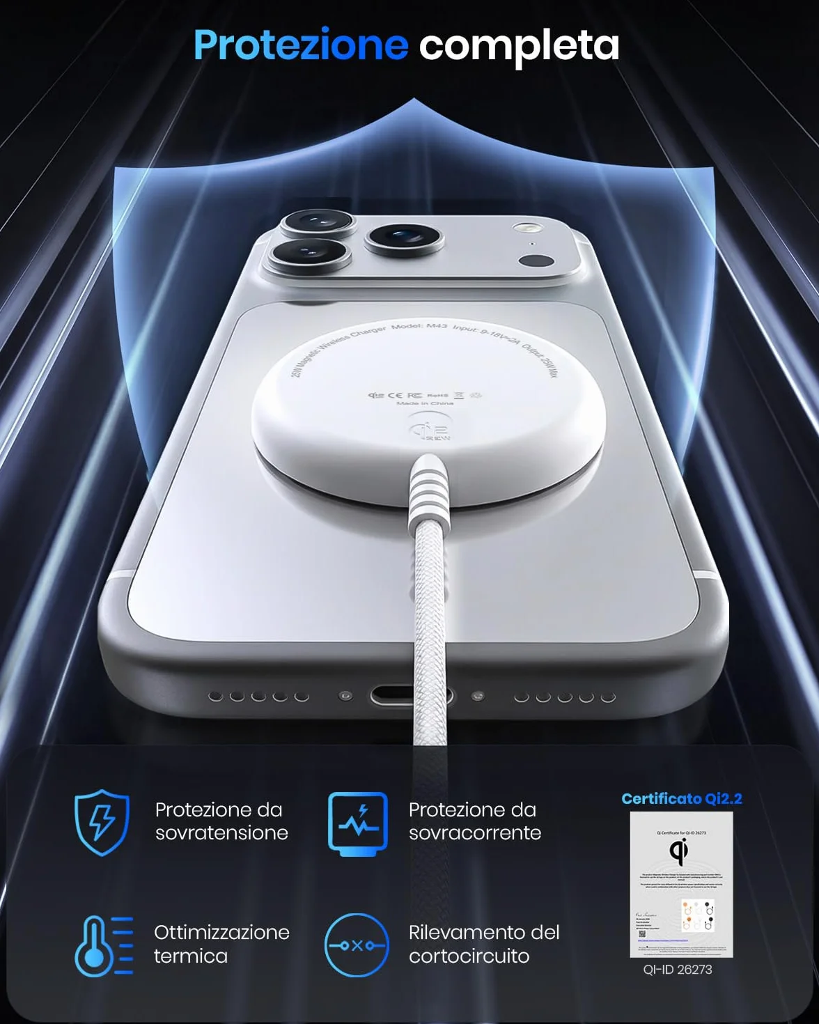 Caricatore wireless magnetico Qi2 25 W, pad con cavo 1,5 m compatibile con Mag-Safe per iPhone 17e/Air/17/16/15/14/13/12, Air-Pods 4/3/2/Pro, serie Pixel 10 e altro, adattatore 30 W - Bianco