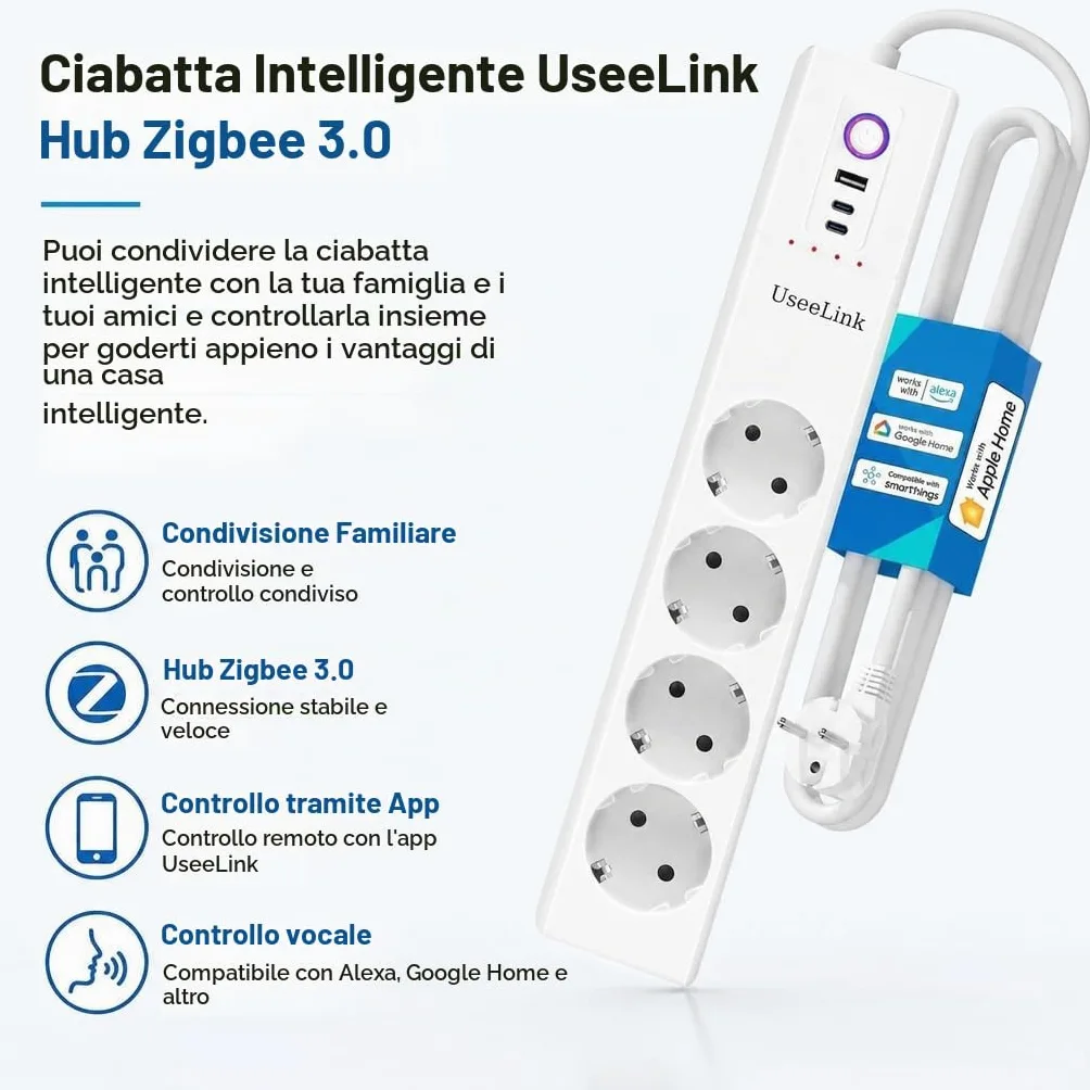 UseeLink Zigbee protezione da sovratensione ciabatta 10A 4 prese CA interruttori individuali 2 protezione da sovraccarico timer USB nessun hub richiesto Certificato CE Bianco