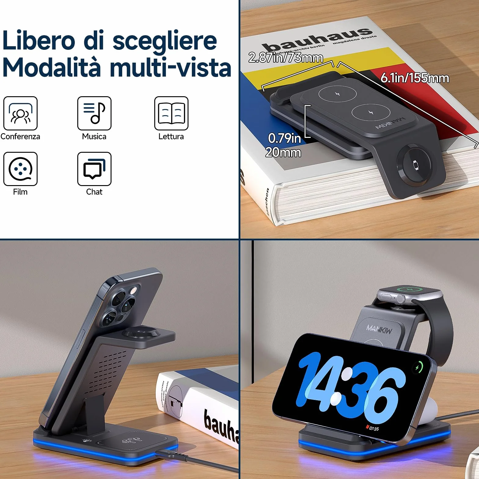 3 in 1 Stazione Ricarica per iPhone 17/16/15/14/13/12/XS/X/8 serie,MANKIW Caricabatterie Wireless per i-Watch 11-2 serie, per Air Pods 3/4/Pro 2