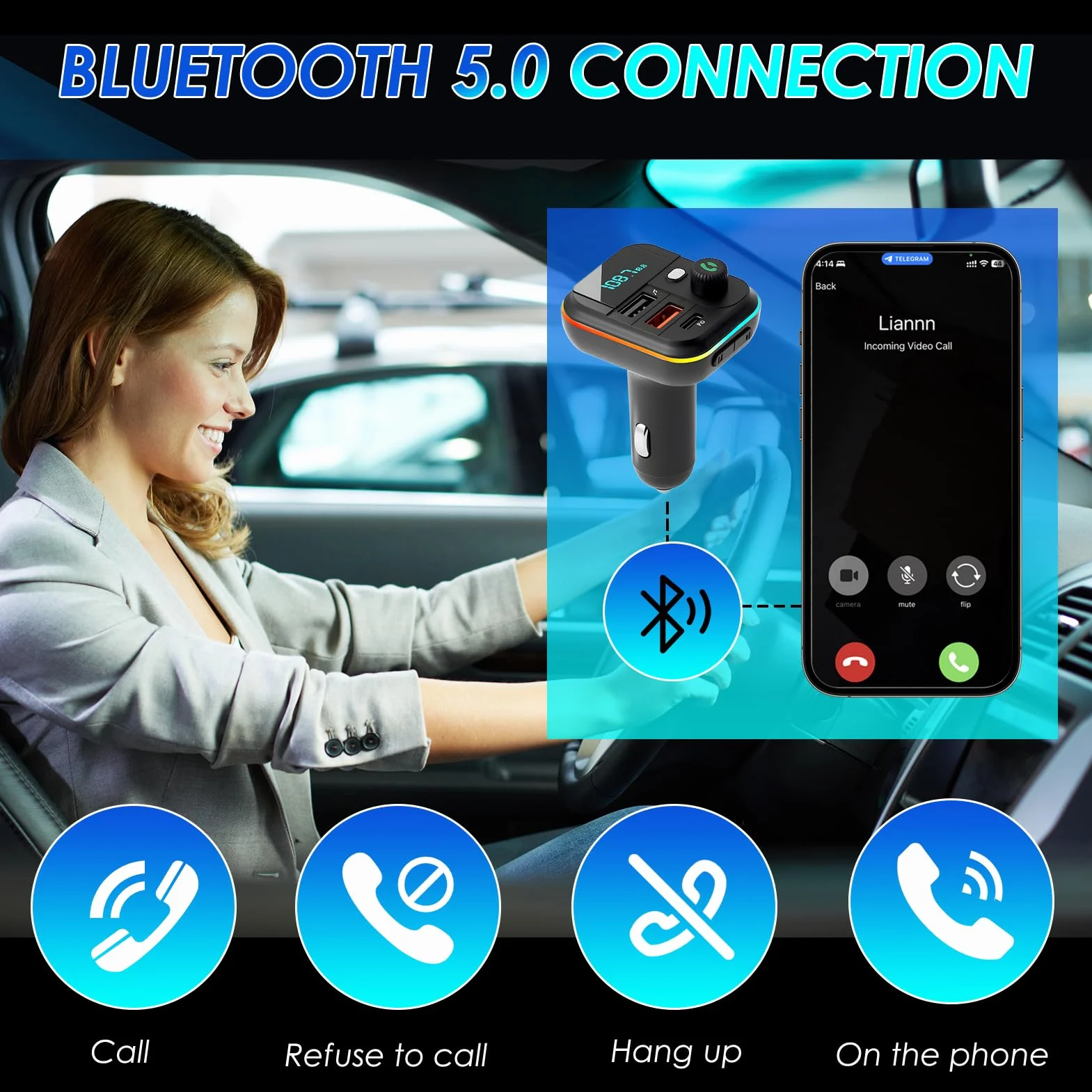 Trasmettitore FM Bluetooth Auto 5.0, Adattatore Bluetooth Audio QC3.0 Ricarica Rapida 2USB y 1PD 18W per Chiamate Vivavoce e Musica, Accendisigari con LED Display, Supporta USB e TF