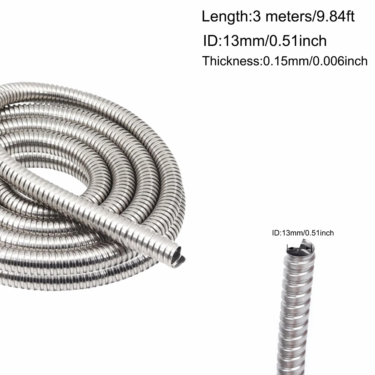 Tubo corrugato in acciaio inossidabile 304, diametro interno 13 mm, lunghezza 3 metri, guaina protettiva per cavi